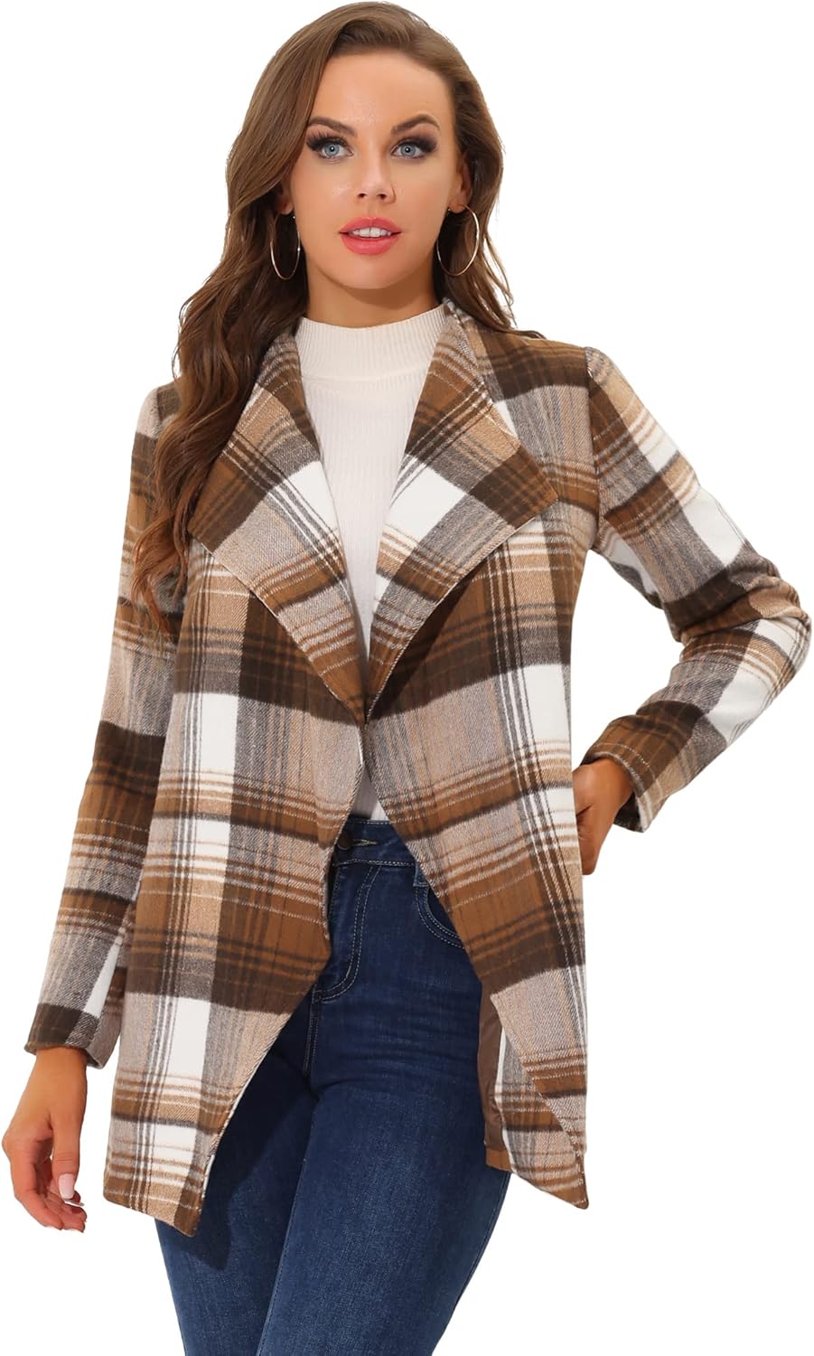 Allegra K Women's Plaid Belted Wrap Overcoat Shawl Collar Asymmetric Hem Fall Winter Coat