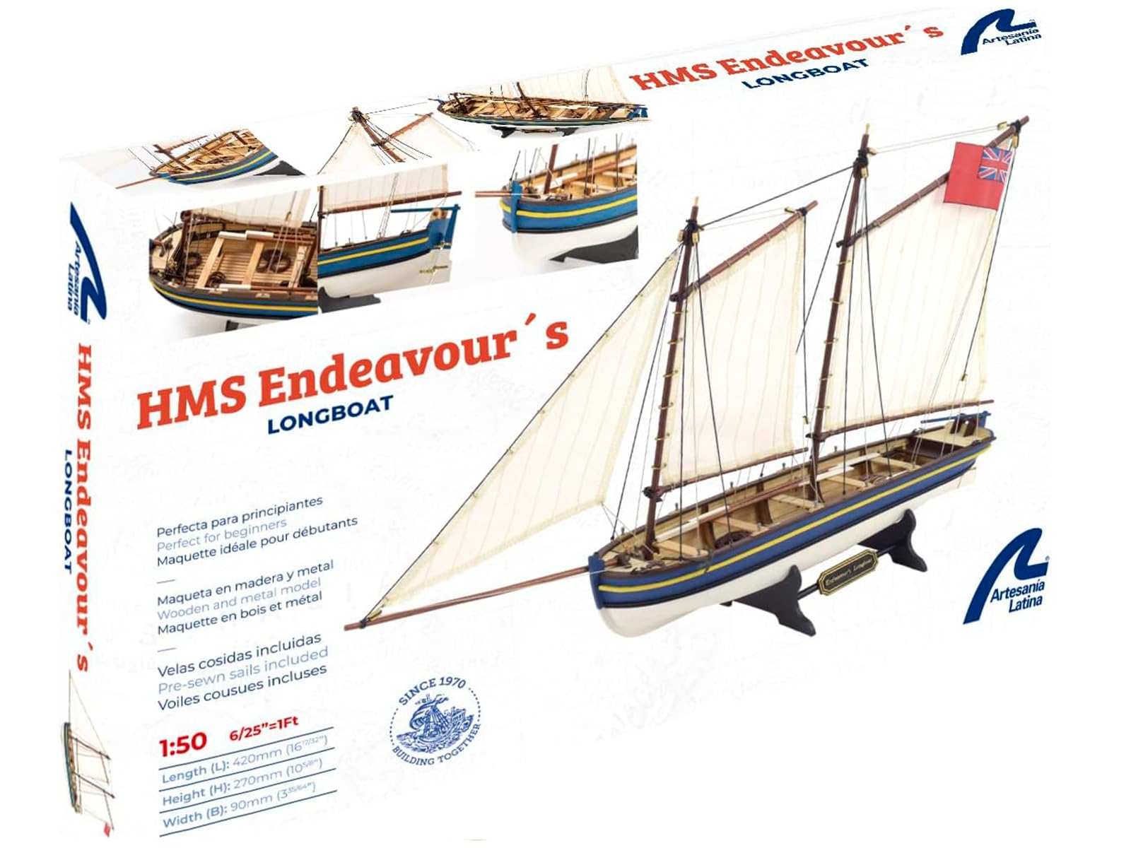 Artesanía Latina - Modellino per barche in legno - Gommone ausiliario HMS Endeavour - Modello 19005, Scala 1:50 - Modellini da assemblare - Livello principiante