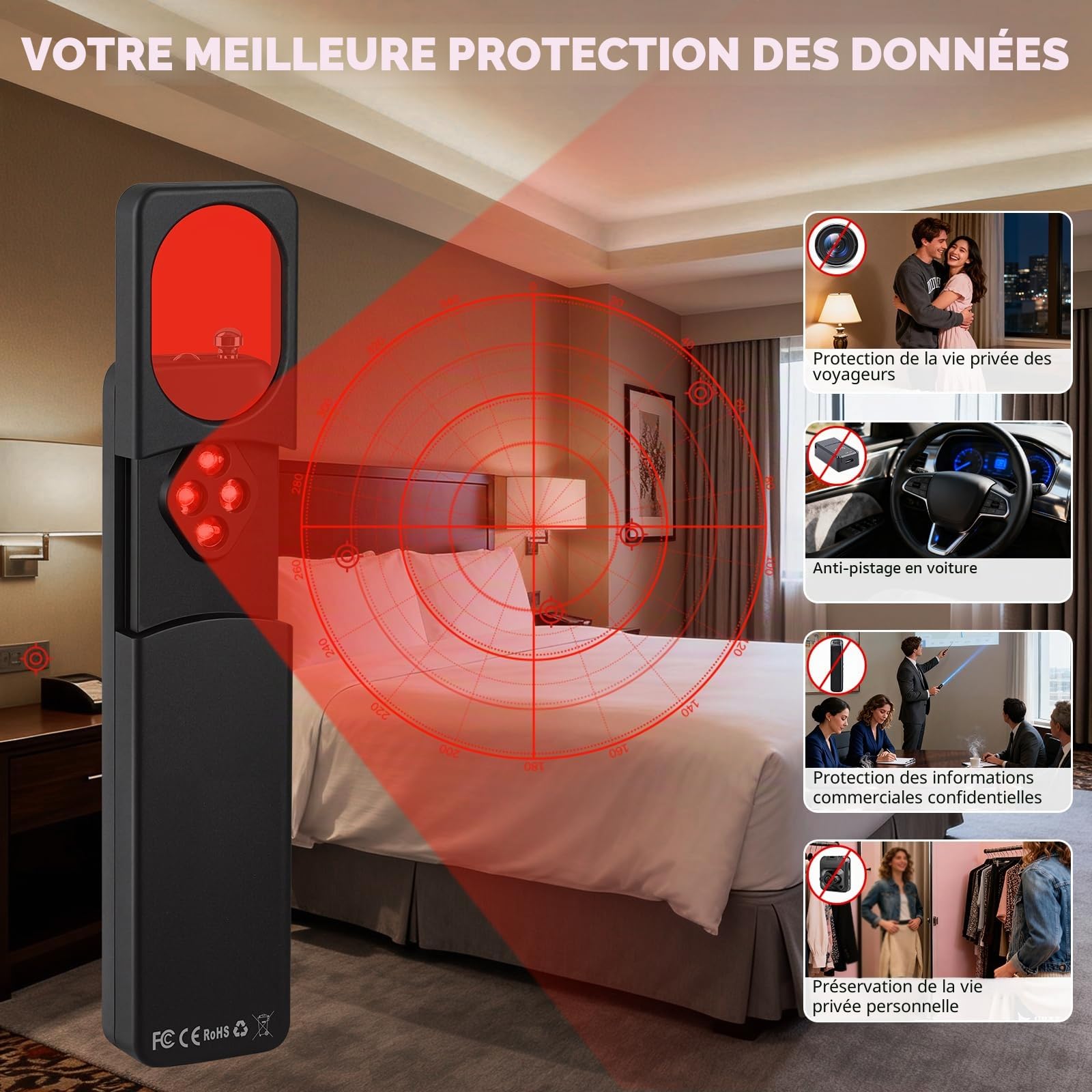 Détecteur de Caméra Cachée – Détecteur de Micro, GPS Tracker et Scanner RF sans Fil, 5 Niveaux de Sensibilité, Alarme de Sécurité pour Maison, Bureau et Hôtel