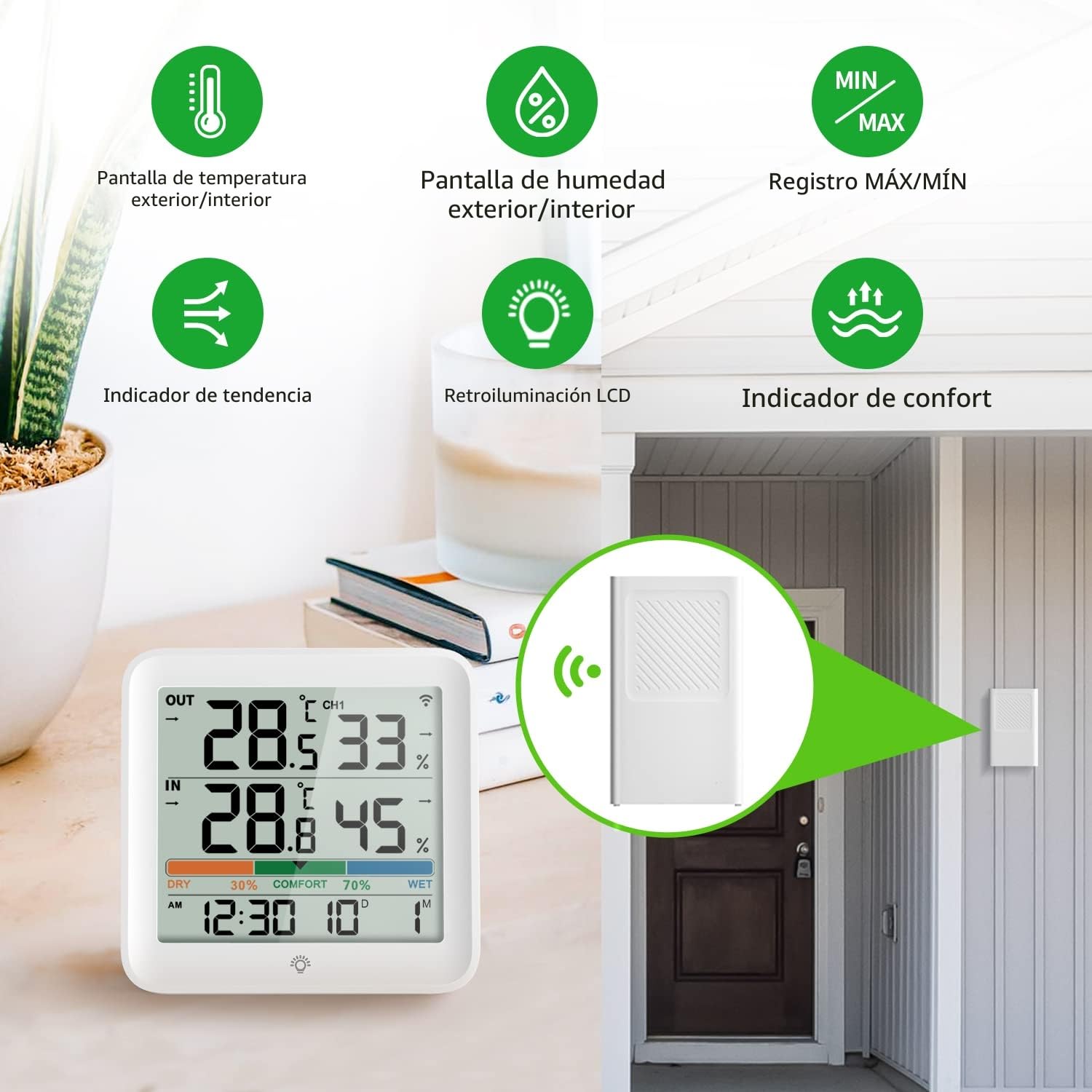 VOCOO Termómetro Higrómetro Interiores y Exteriors, digital Medidor de Humedad Temperatura estación meteorológica con 1 Sensor Inalámbrico Remoto,Interruptor ℃/℉, luz de Fondo