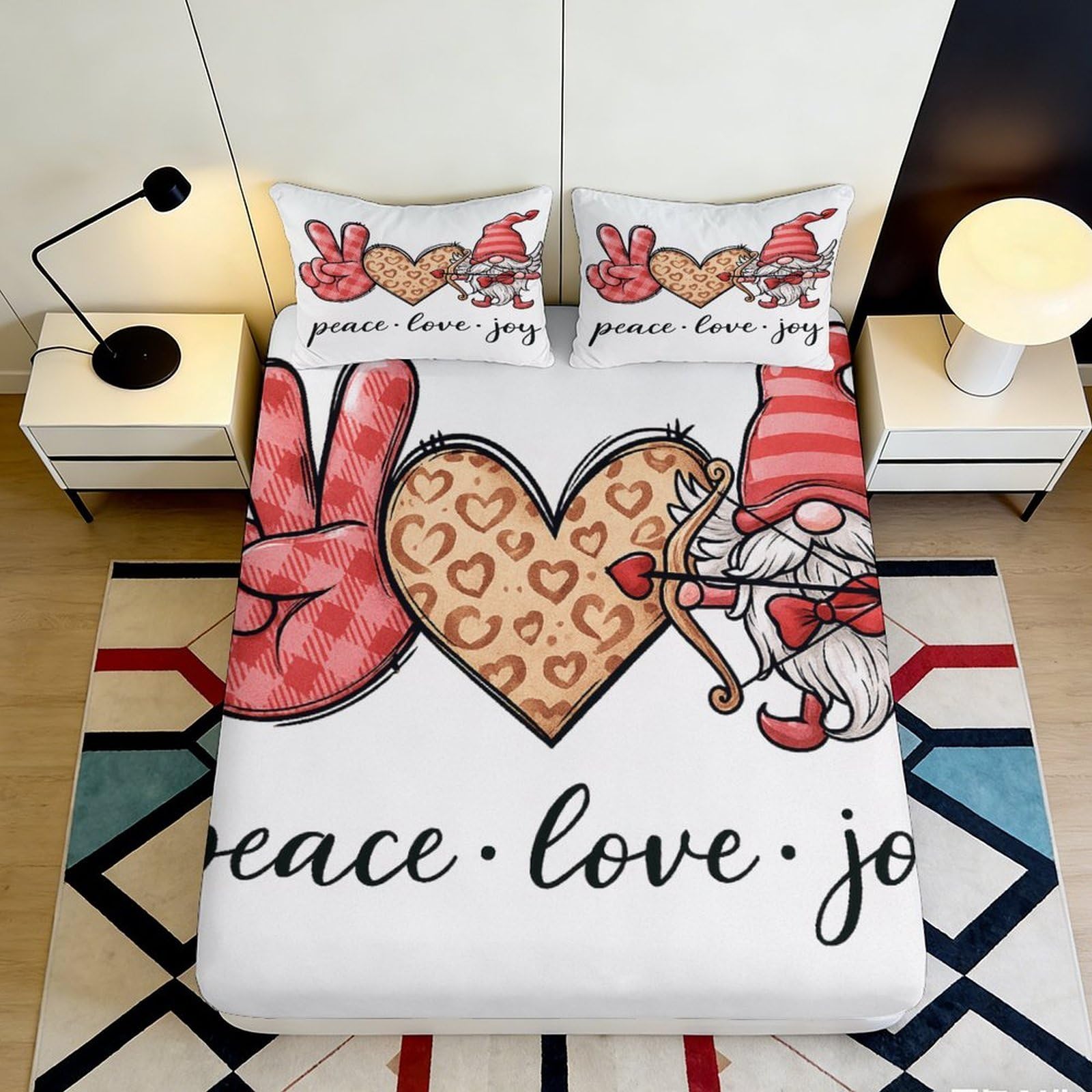 Uxinyoume Style-5 3D Printed Peace Sign Fitted Sheet Microfiber Soft Christmas Gnome Heart Bed Cover Bedroom Decor 90X200x25cm
