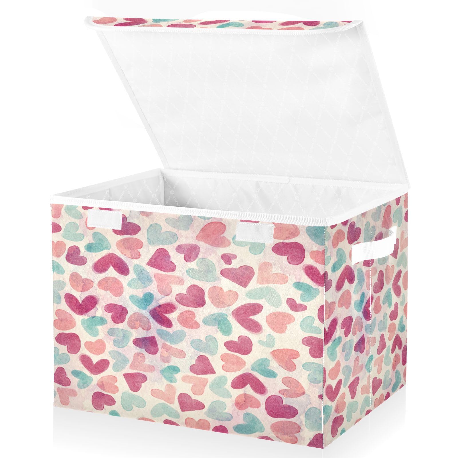 Mnsruu Valentine's Day Storage Baskets Collapsible Storage Bins with Lids, Color Hearts Pattern Storage Boxes Clothes Baskets for Organizing