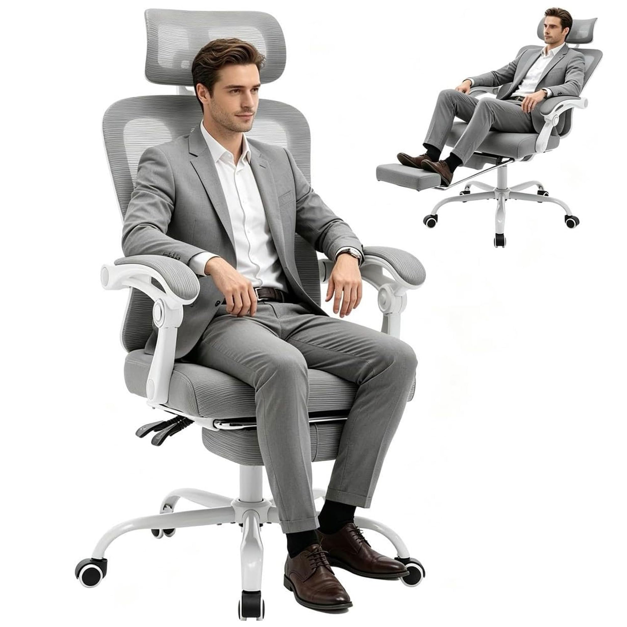 BonHaus - Silla de oficina ergonómica con reposapies, silla de oficina de malla con respaldo alto con reposacabezas, giratoria de 360° con soporte lumbar ajustable para oficina en casa
