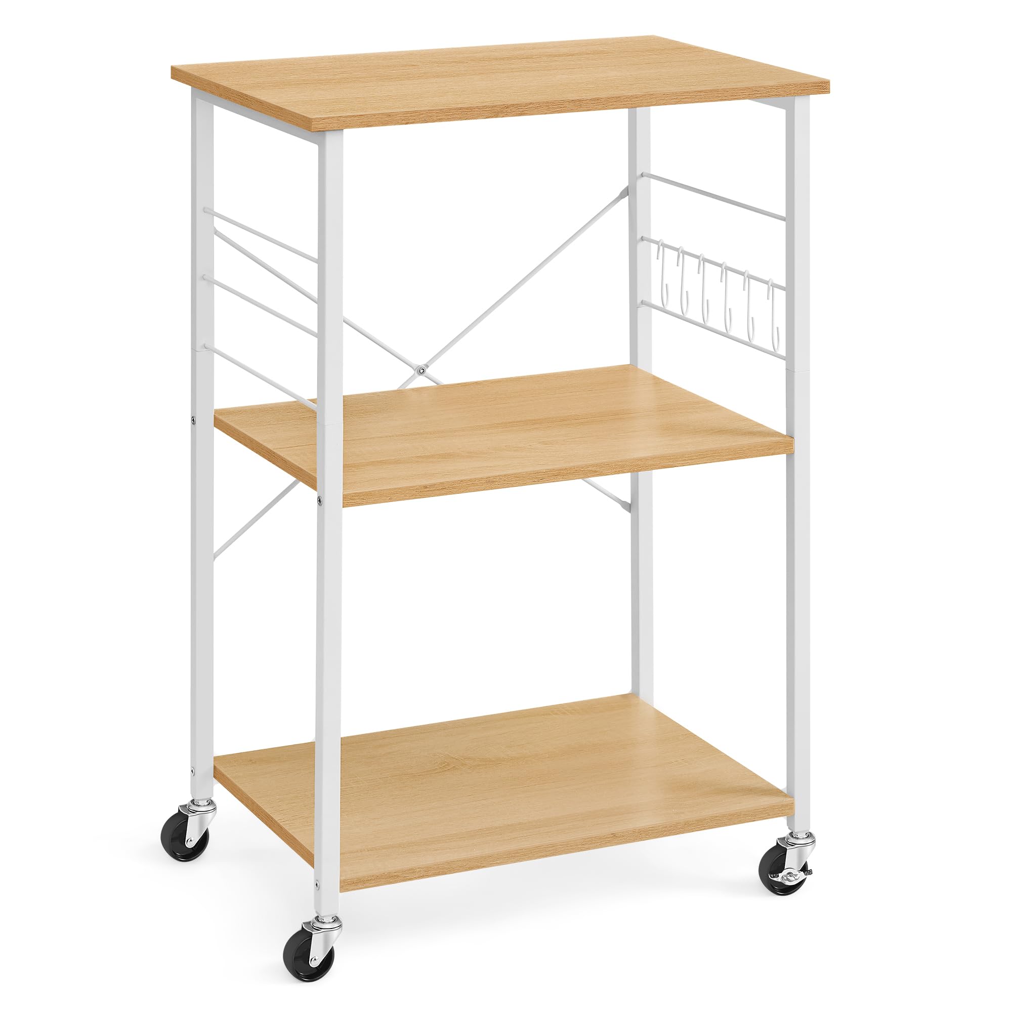 VASAGLE Estantería de Cocina con Ruedas, Carrito de Servicio de 3 Niveles, Estantería para Microondas, Horno, Tostadora, Marco de Metal con 6 Ganchos, Roble Dorado y Blanco Nube KKS060Y09
