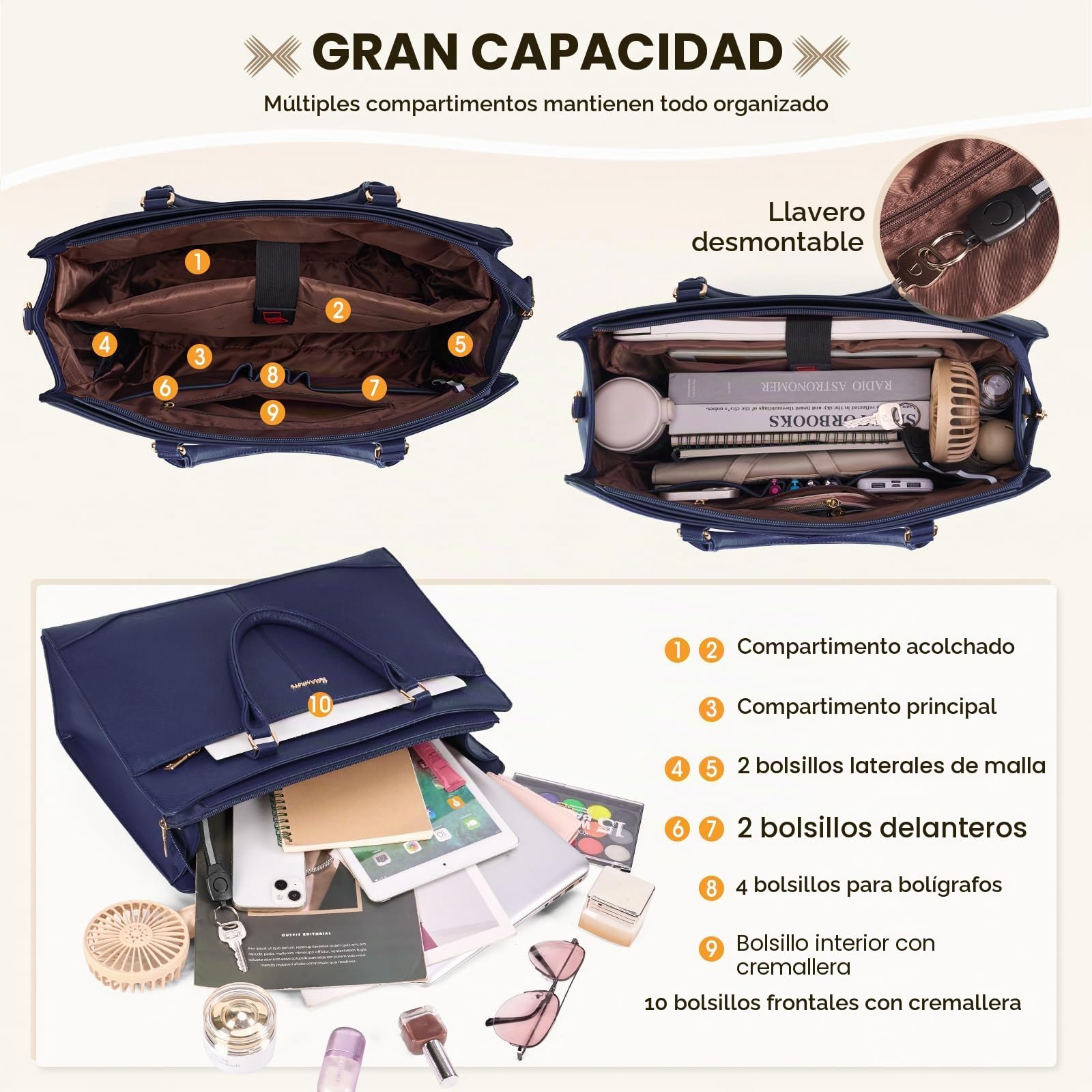 RAINSMORE Bolso Universidad Mujer Grande Impermeable Bolso portatil Mujer 15,6 Pulgadas PU Cuero Trabajo Shopper Tote Bag para Oficina