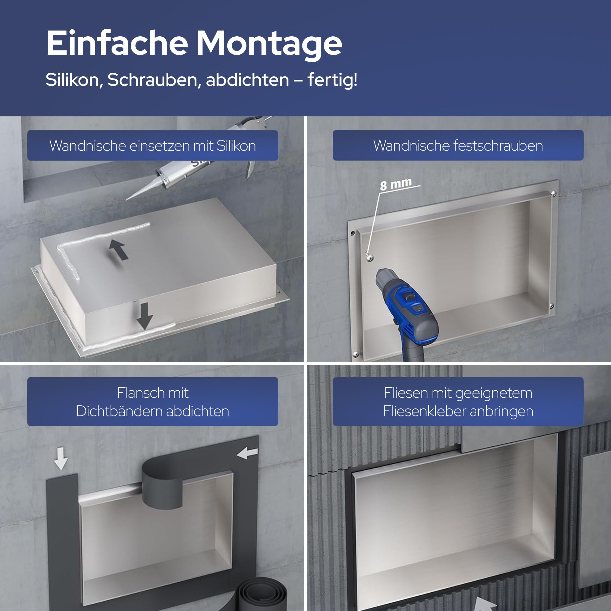 VILSTEIN Wandnische Dusche 30x45 cm [ROSTFREI] - Randlose Duschnische - Wandnische Silber - Einbauregal für Dusche im Unterputz - Randloses Duschregal mitVersenkte Duschnische für das Badezimmer