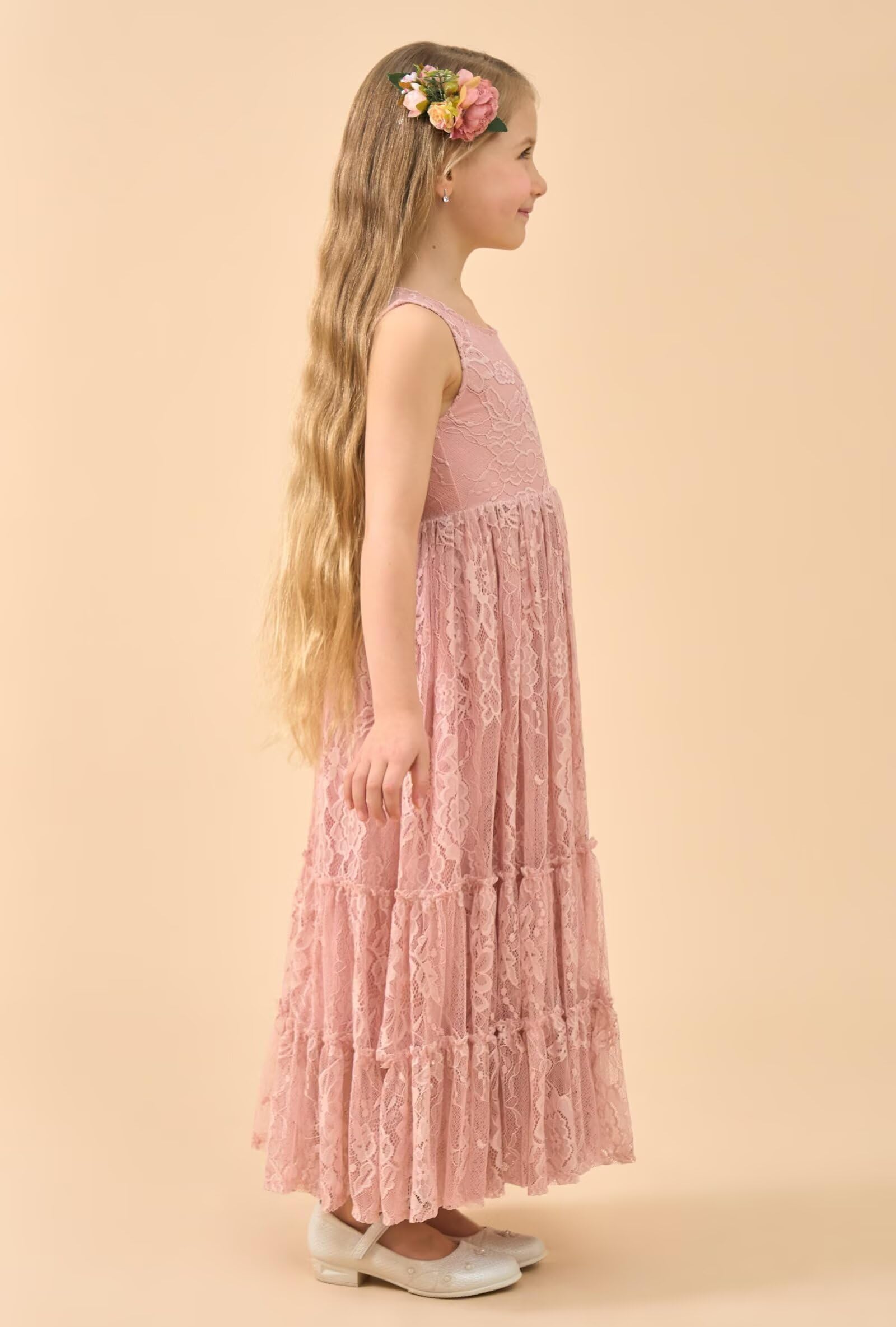 LalaMira Flower Girl Dress Lace Boho Toddler Dresses Ruffle Girl Dress for Wedding Garden Party Holiday Communion Sleeveless Dusty Rose-12 Months