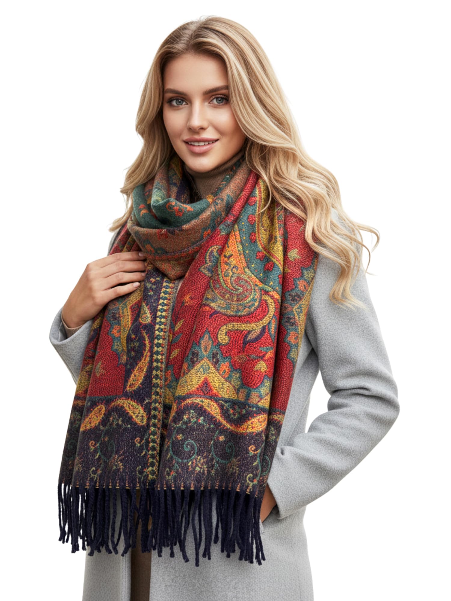 The Accessory Co. Womens Pashmina Scarf Shawl Wrap - Blanket Scarf - Large Long Oversized Paisley Rainbow Ladies Scarves, Winter Scarfs, Thick Warm Indian Shawls, Stole (Green/Red)