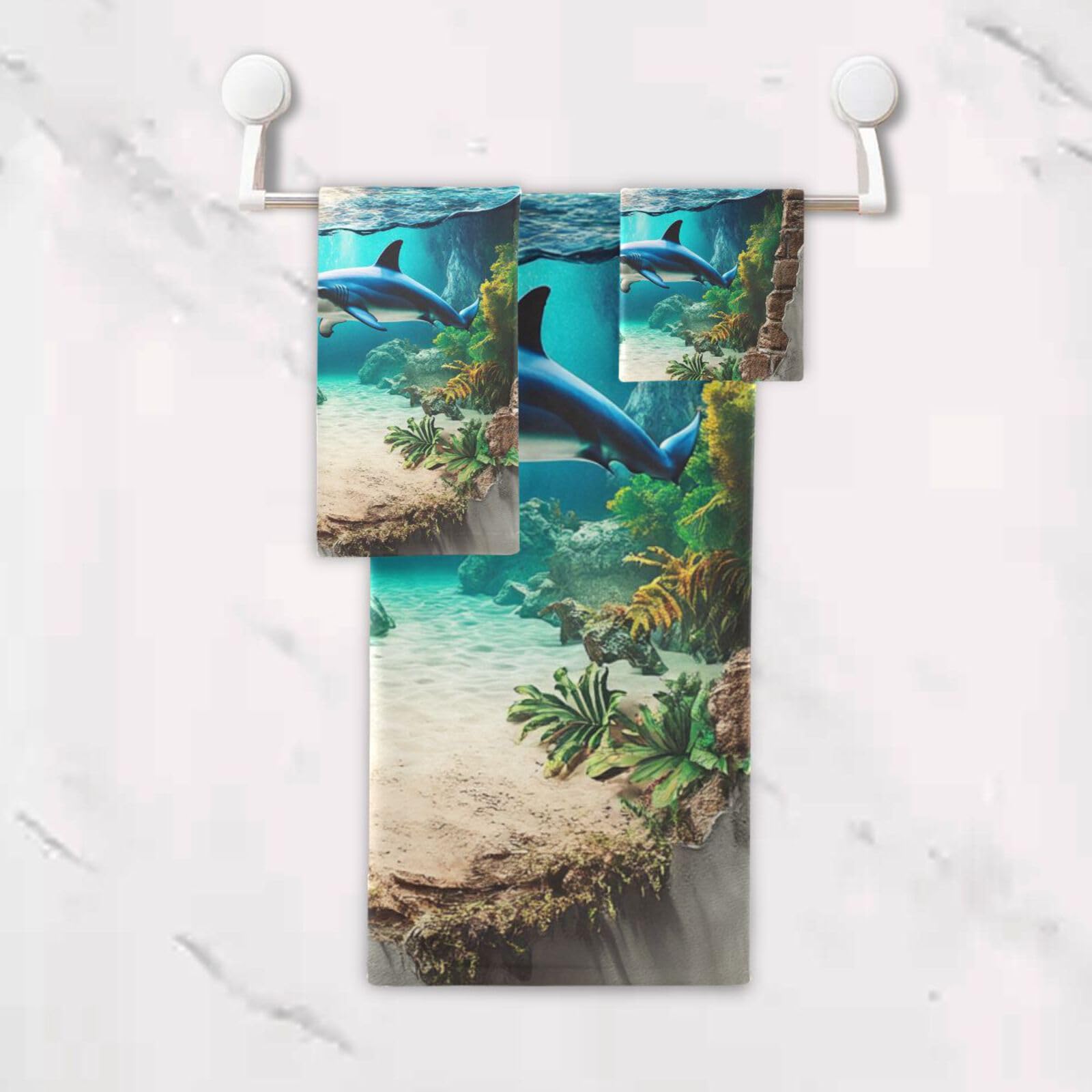 3D-Loch-Duschhandtuch-Set, weiße Wand, Ozean, Tiere, Fische, Meer, Gesicht, Handtücher, 1 Badetuch, 1 Handtuch, 1 Waschlappen für Yoga, Badezimmer, Küche