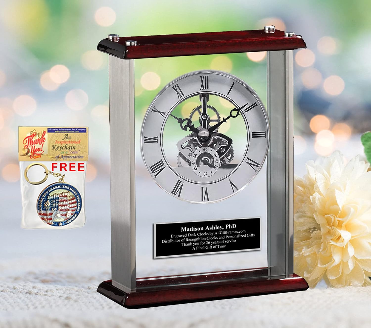 AllGiftFrames Retirement Gift Employee Coworker Service Award Engraved Metropolis Desk Clock Features Silver Aluminium Side Panel Glossy Wood Cherry Display and Suspended Da Vinci Gear Clock