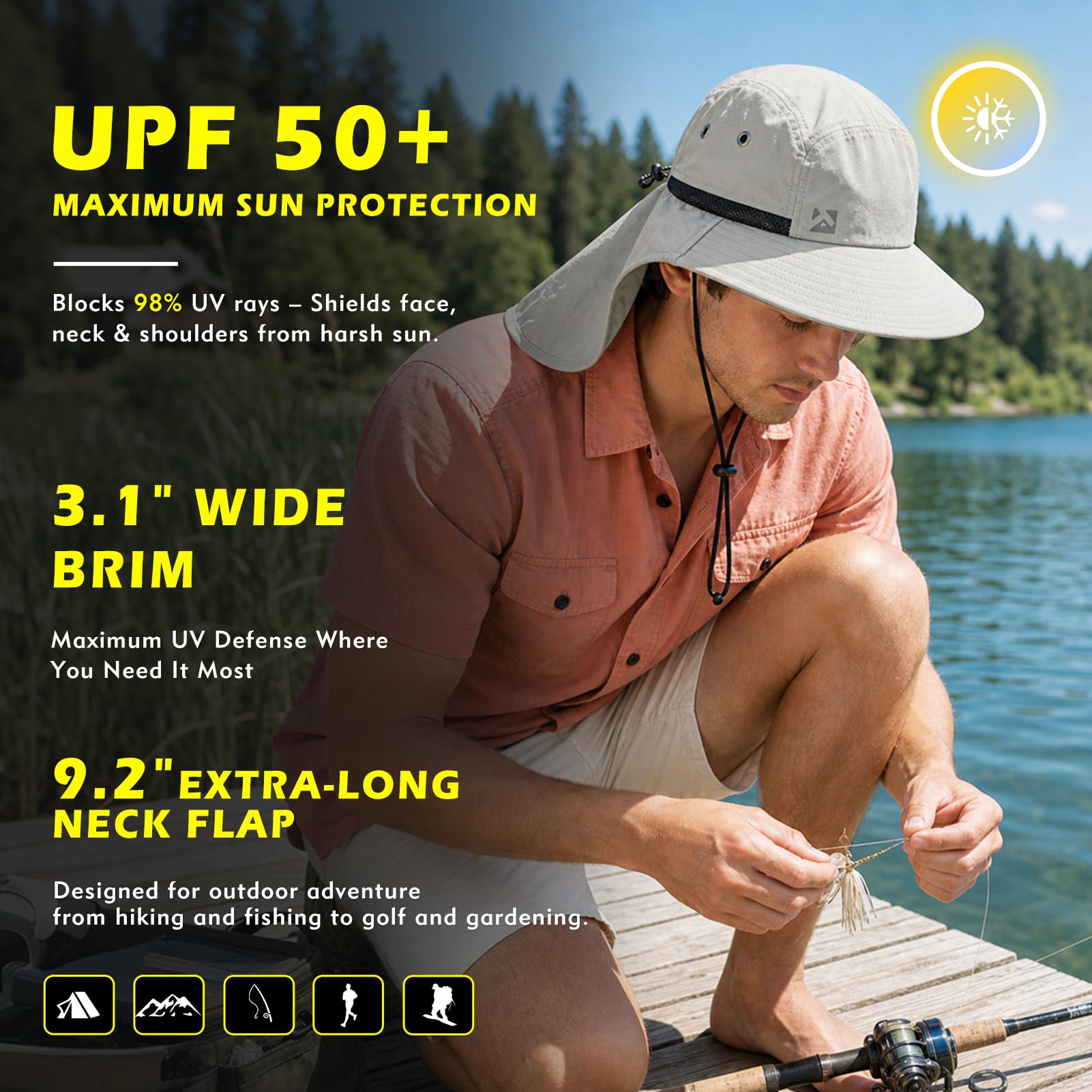 Chapeau de soleil surdimensionné XL XXL pour homme, grande tête, cou, rabat, ombrage, imperméable, UPF50+, chapeau à large bord, pour la pêche, le safari, la randonnée