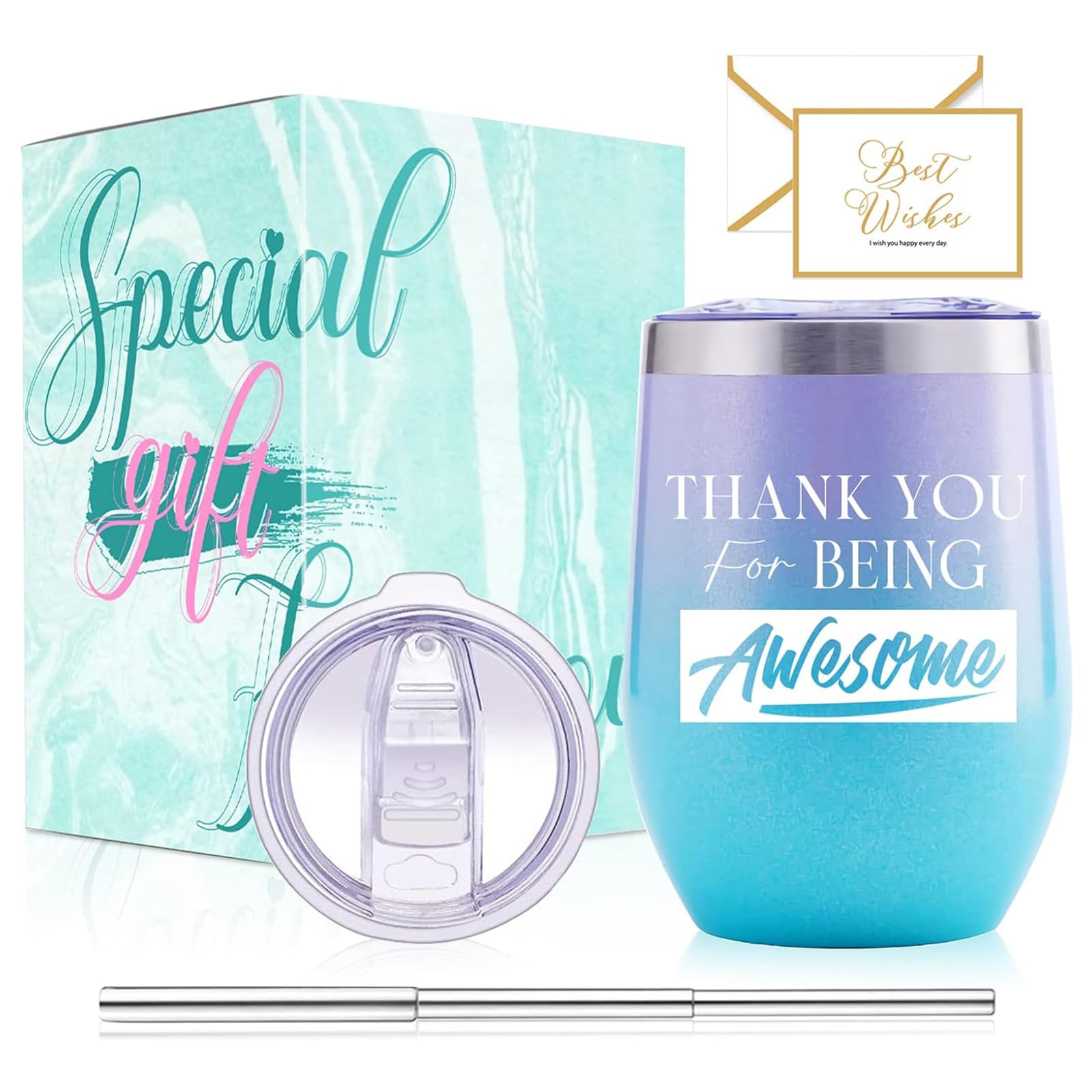 HIYAA 12oz Vacuum Insulated Stainless Steel Wine Glass with Lid & Straw - Perfect for Mothers Day, Birthday, Christmas & Everyday Use
