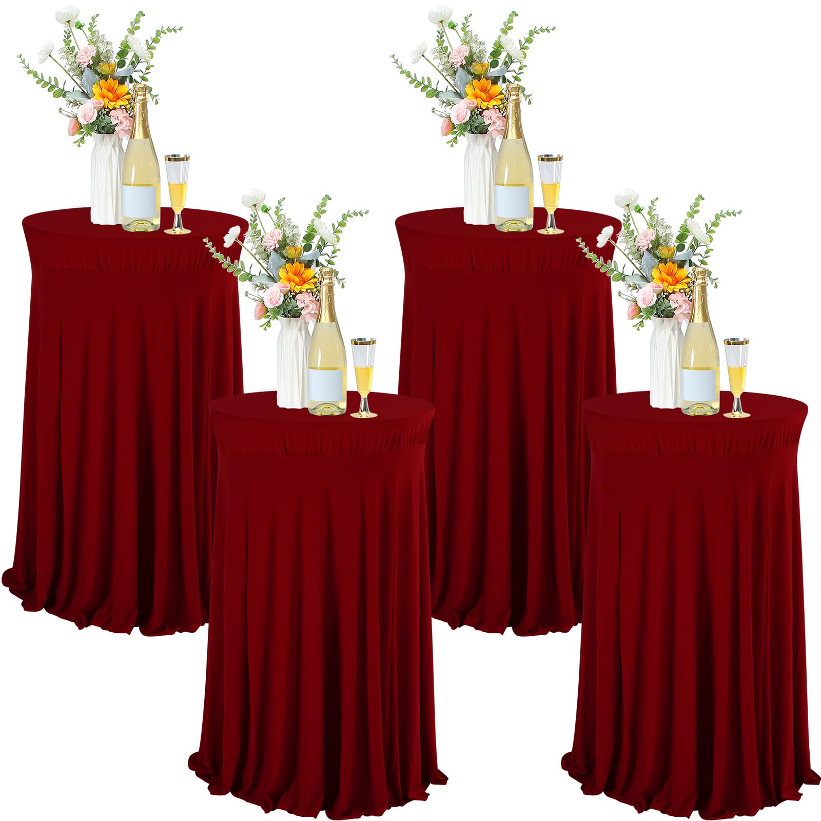 Tegeme 4 Packs Spandex Cocktail Tablecloths 32x43 with Skirt, Red
