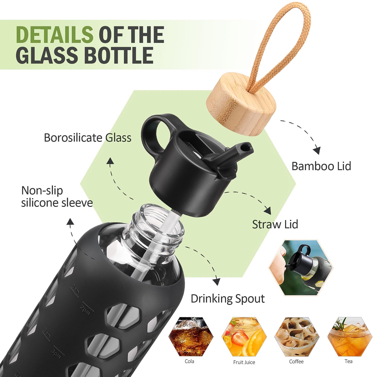 BLUEGO Borracce in vetro, 900ml Bicchiere in vetro, Bottiglie per bere con 2 coperchi, Bottiglia per l'acqua sportiva con custodia in silicone, A prova di perdite, Nero