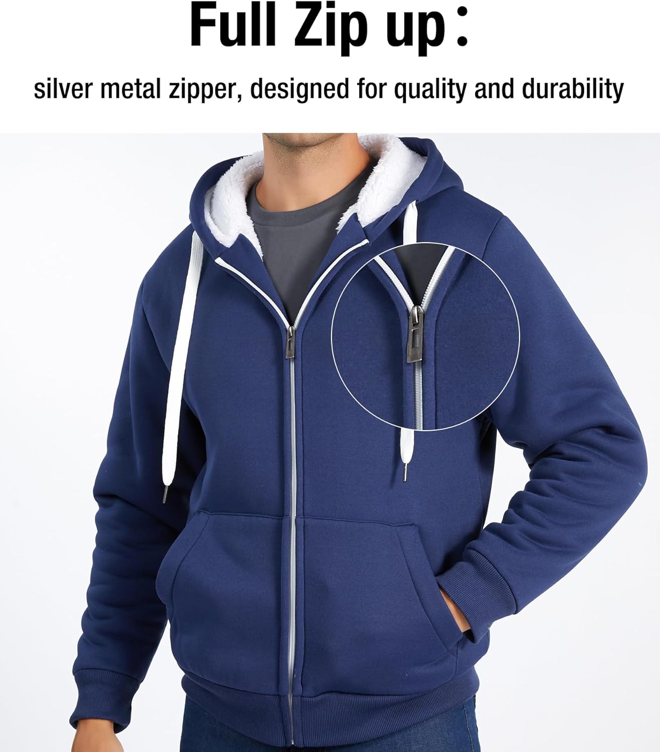 JACKETOWN Athletic Hoodies for Men Heavy Zip Up Sweatshirt Sherpa Fleece Jacket Winter Warmth Coat, Blue, XL - Image 6