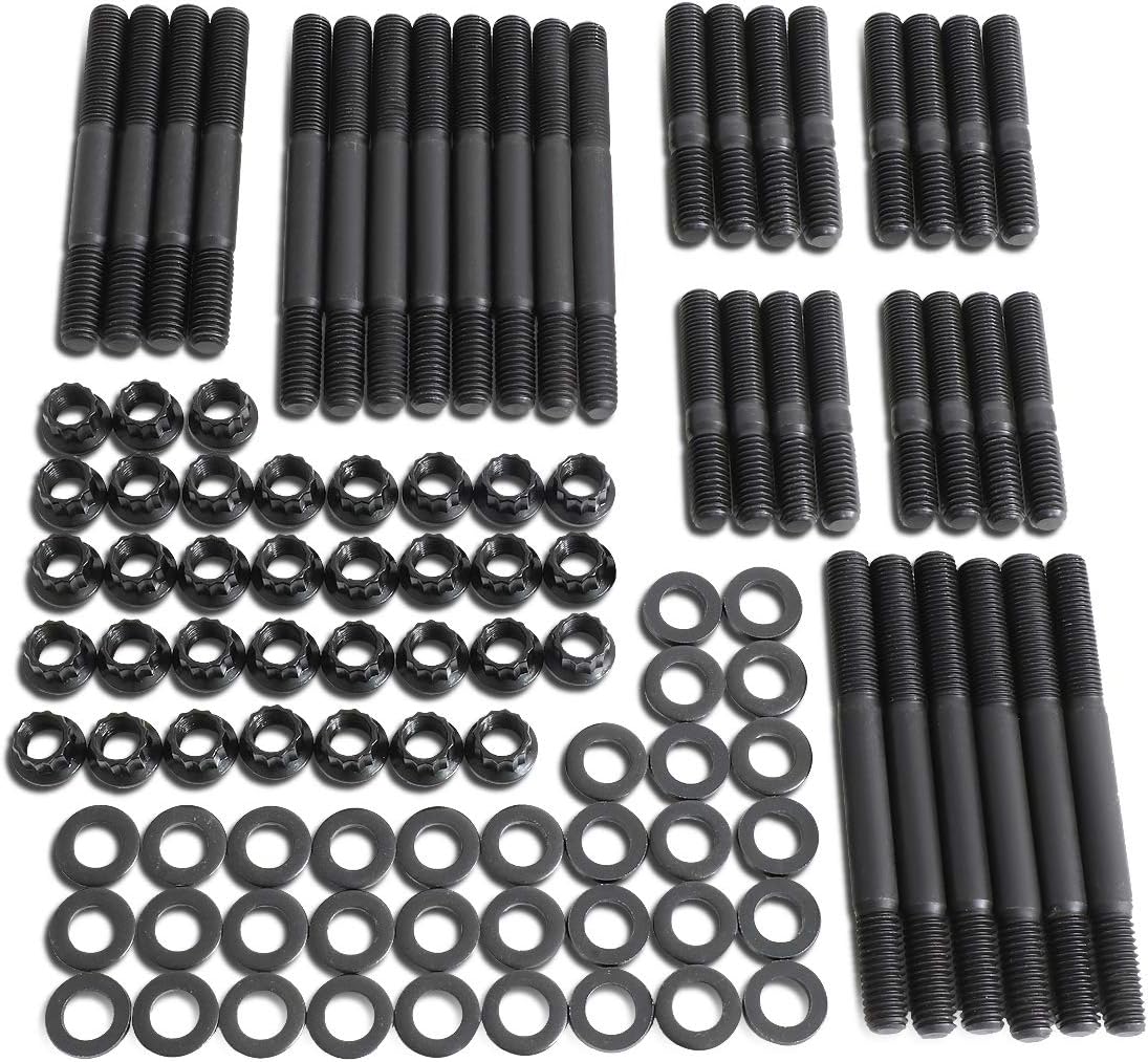 DNA MOTORING LEPOW-011 Steel 12-Point Cylinder Head Studs Nuts Set For 55-00 Small Block SBC 265 302 305 307 350 383 400, Black