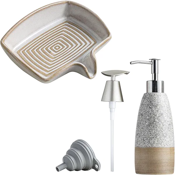 Soap Dishes, Ceramic Shower Soap Dish with Waterfall Design & Soap Dispenser Set for Shower, Ceramic Refillable Soap Bottle for Shampoo