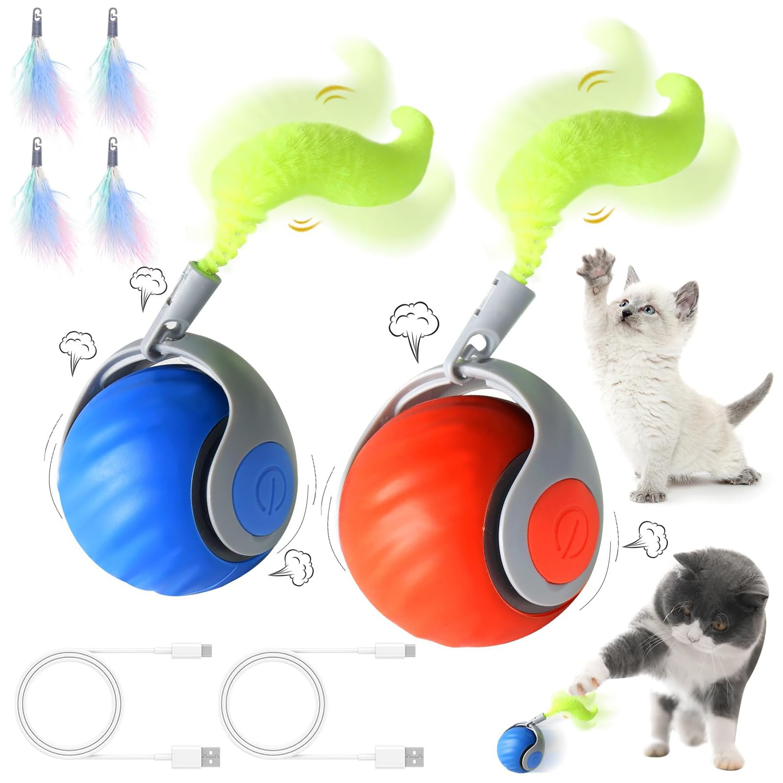 2 PCS Speedy Tail Cat Toy, Smart Interactive Automatic Cat Ball, Electric Rechargeable Irregular Moving