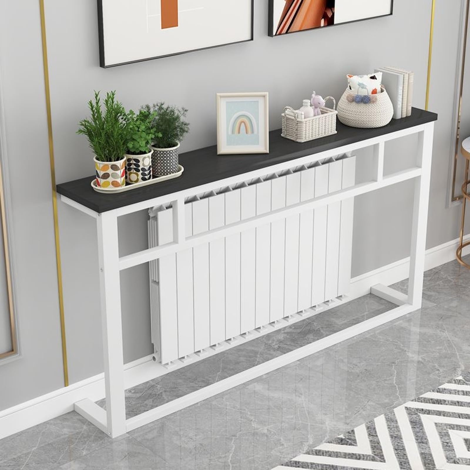 Wielofunkcyjna półka grzejnikowa z górną częścią Sto Over Radiator, sofa, stół, solidna, pogrubiona stal, do przedpokoju i przedpokoju, czarna (120 x 20 x 90 cm)