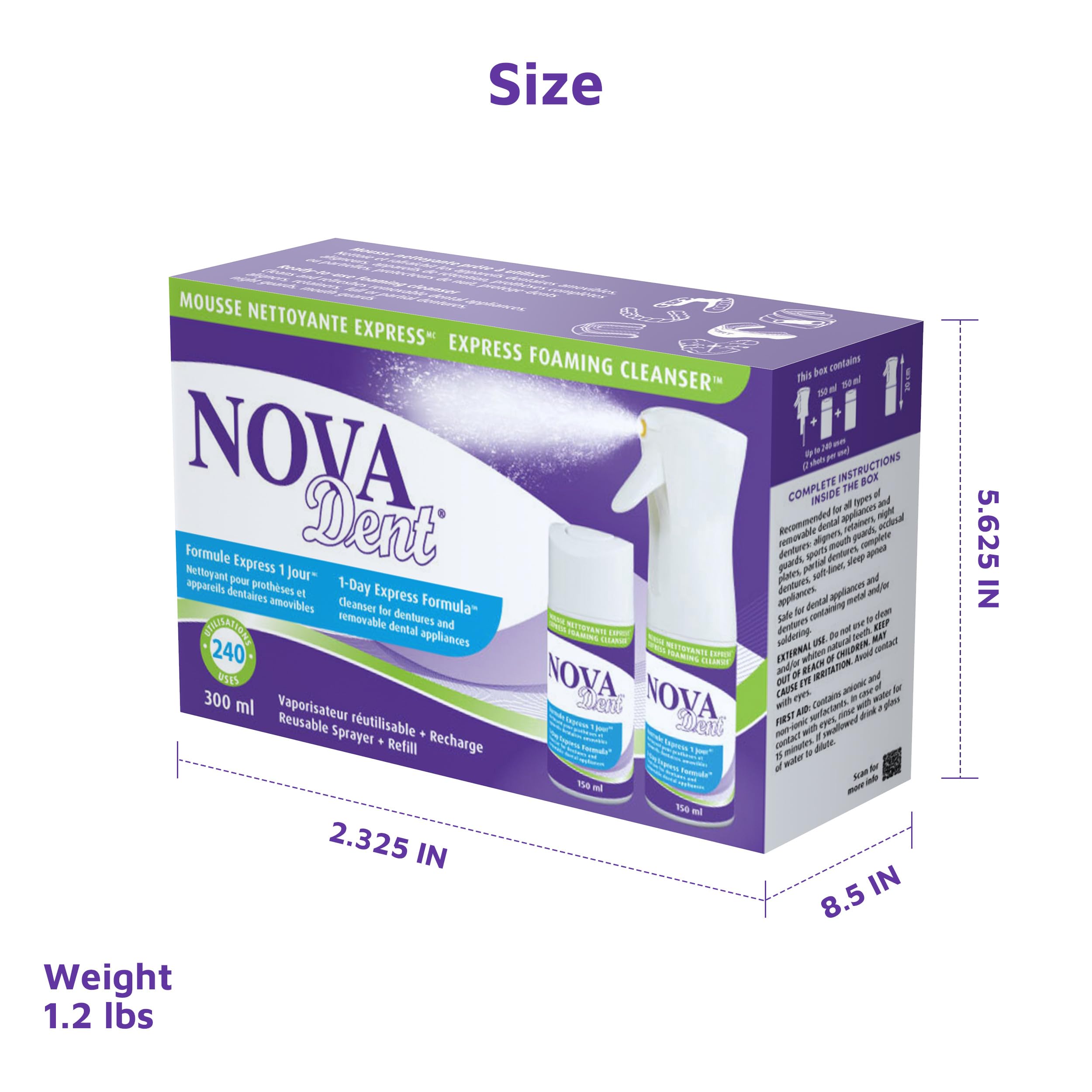 Novadent Express - Limpiador de espuma para aparatos dentales, retenedores, bandejas, protectores bucales, alineadores de dientes, pulverizador con 2 recambios