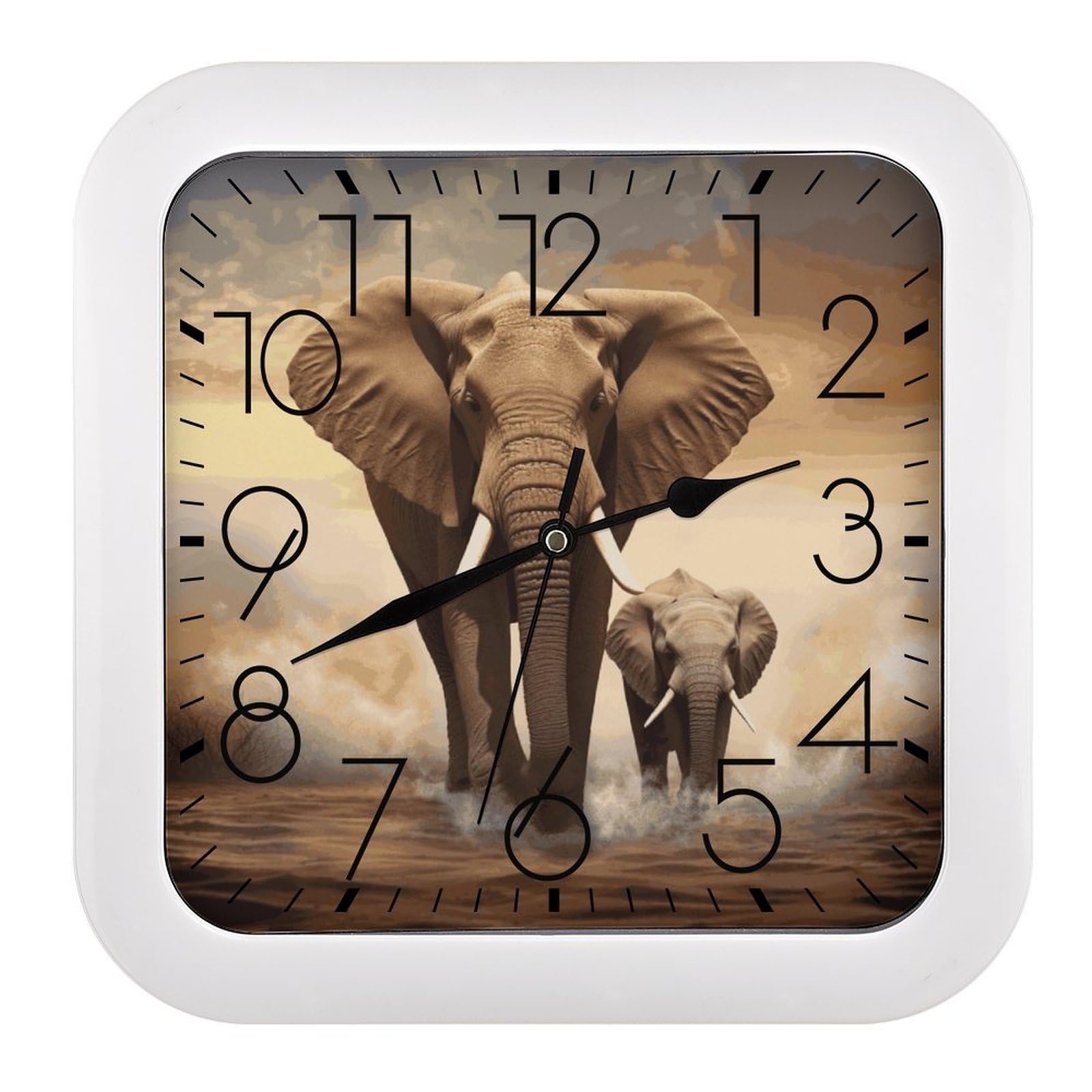 MUSM 10.2 X 10.2 Inch Modern Elephant and Baby Elephant Wall Clock Battery Operated High Accuracy Decorative Square Clocks for Kitchen Bedroom Living Room Home Office Porch