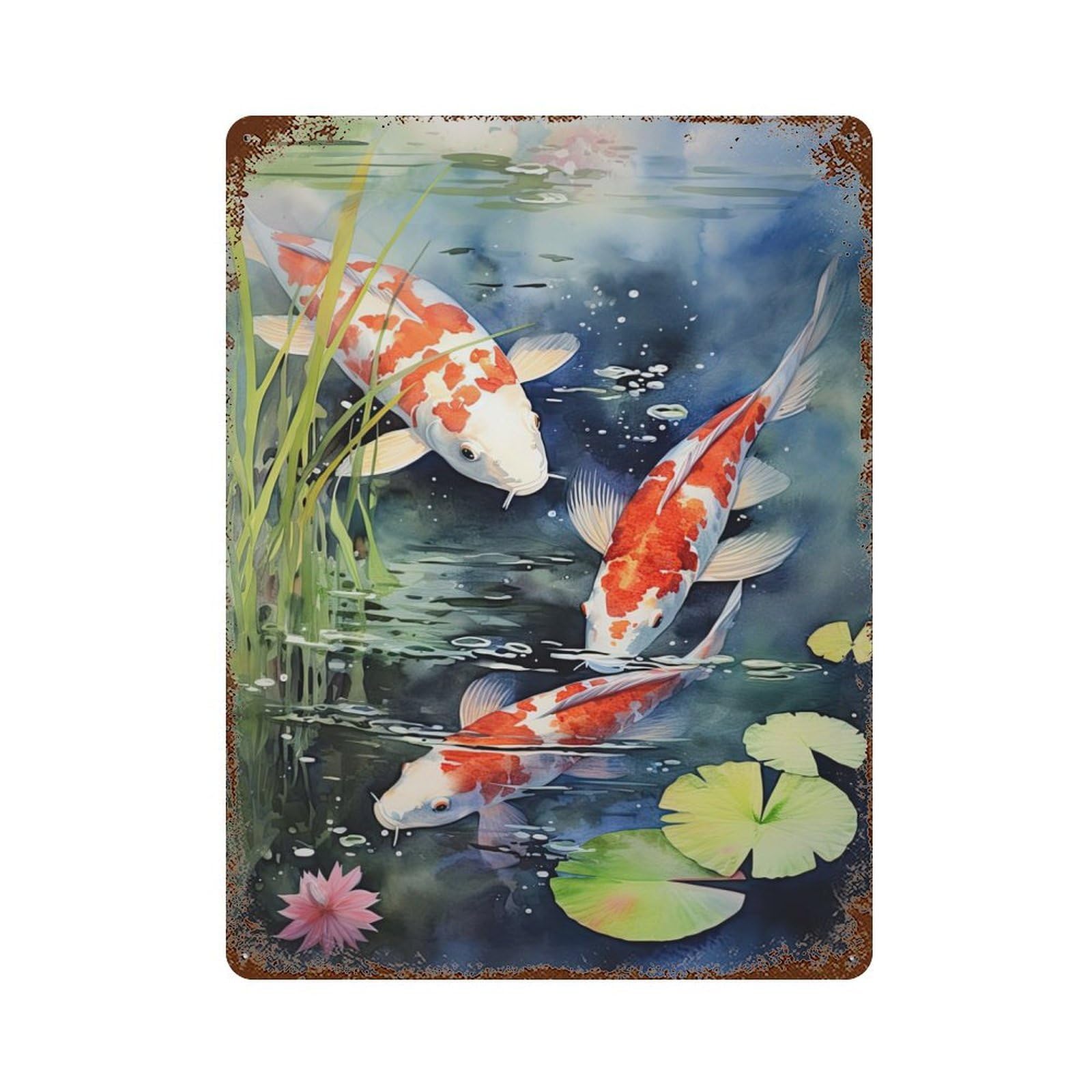 Koi Fish Watercolor Rusty Metal Tin Sign 15.7"x11.8", Ideal for Patio, Garden Room And Bar Decor