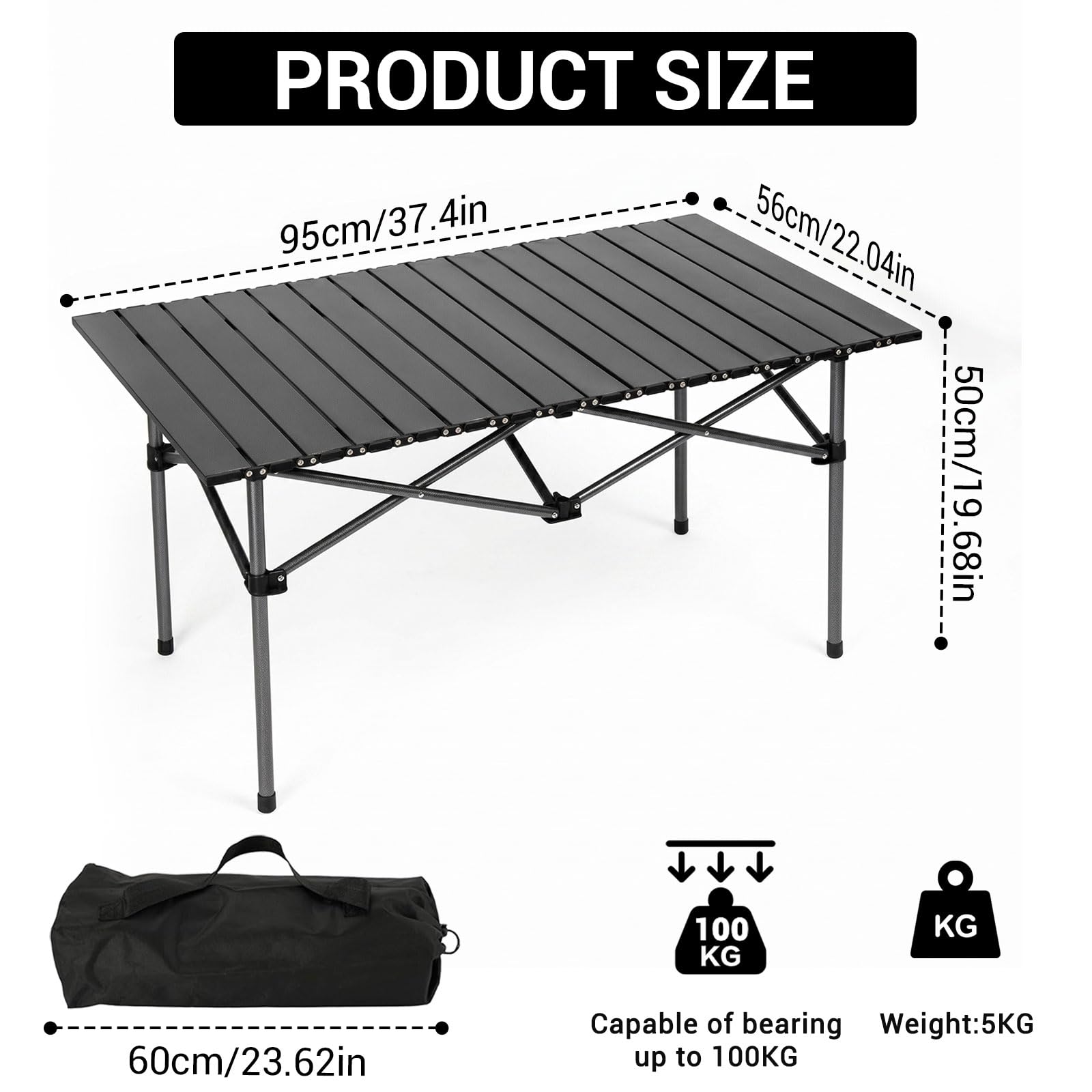 Tavolo da campeggio pieghevole, 96 x 57 cm, tavolo pieghevole con piano arrotolabile e borsa per il trasporto, tavolo multifunzione pieghevole, regolabile in altezza, portata fino a 30 kg, per