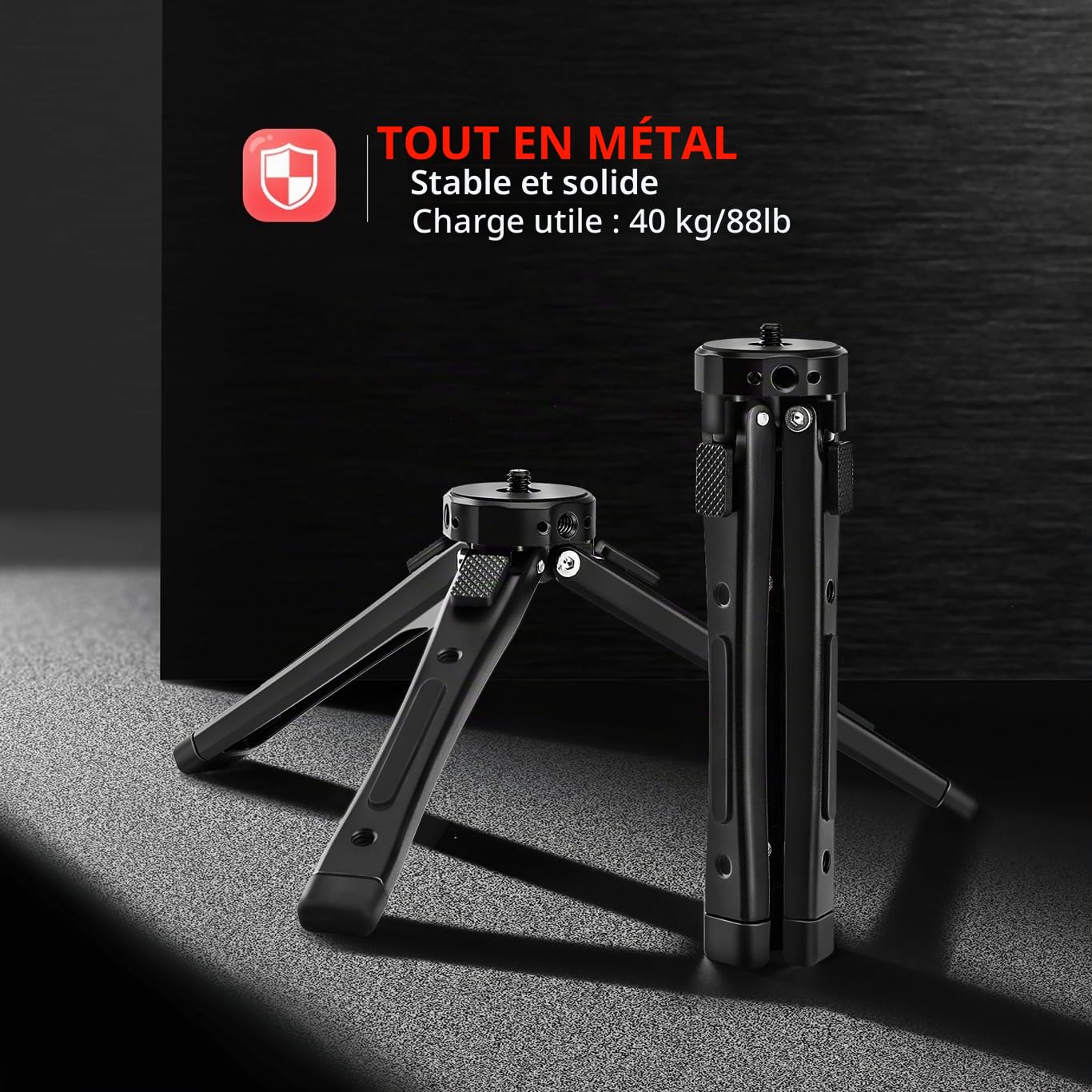 Zeadio Trépied Métallique Professionnel Robuste - Support Universel pour Table (Charge 40 kg / 88 LB) - Appareil Photo, Gimbal, Caméra Action, Caméscope, Microphone, Lumière LED, etc