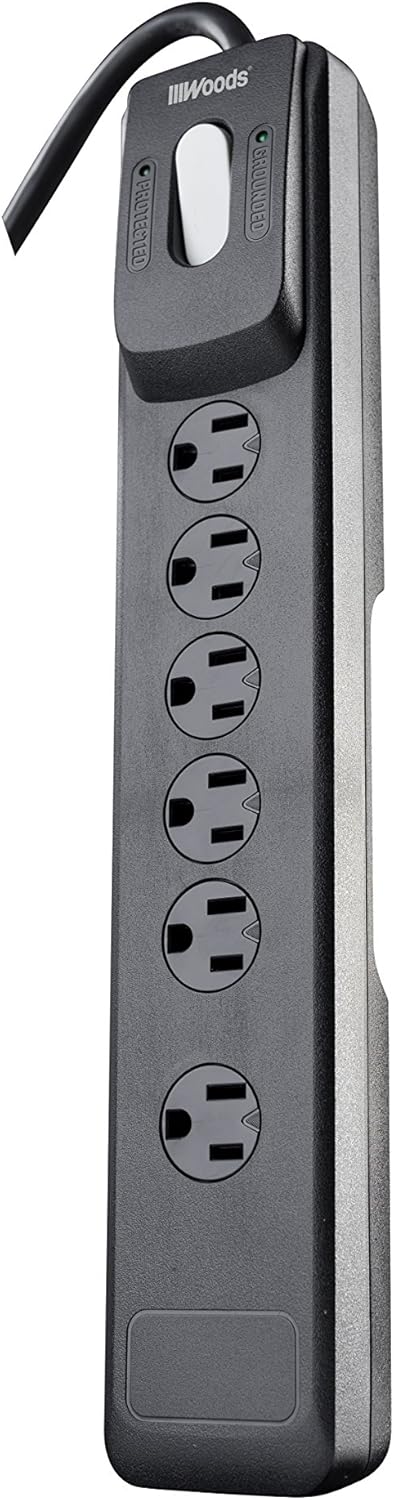 Southwire Woods Surge Protector - 6 Outlets - 1440J Appliance Surge Protection - Safety Overload Feature - 4 Ft Cord - Black - UL Listed