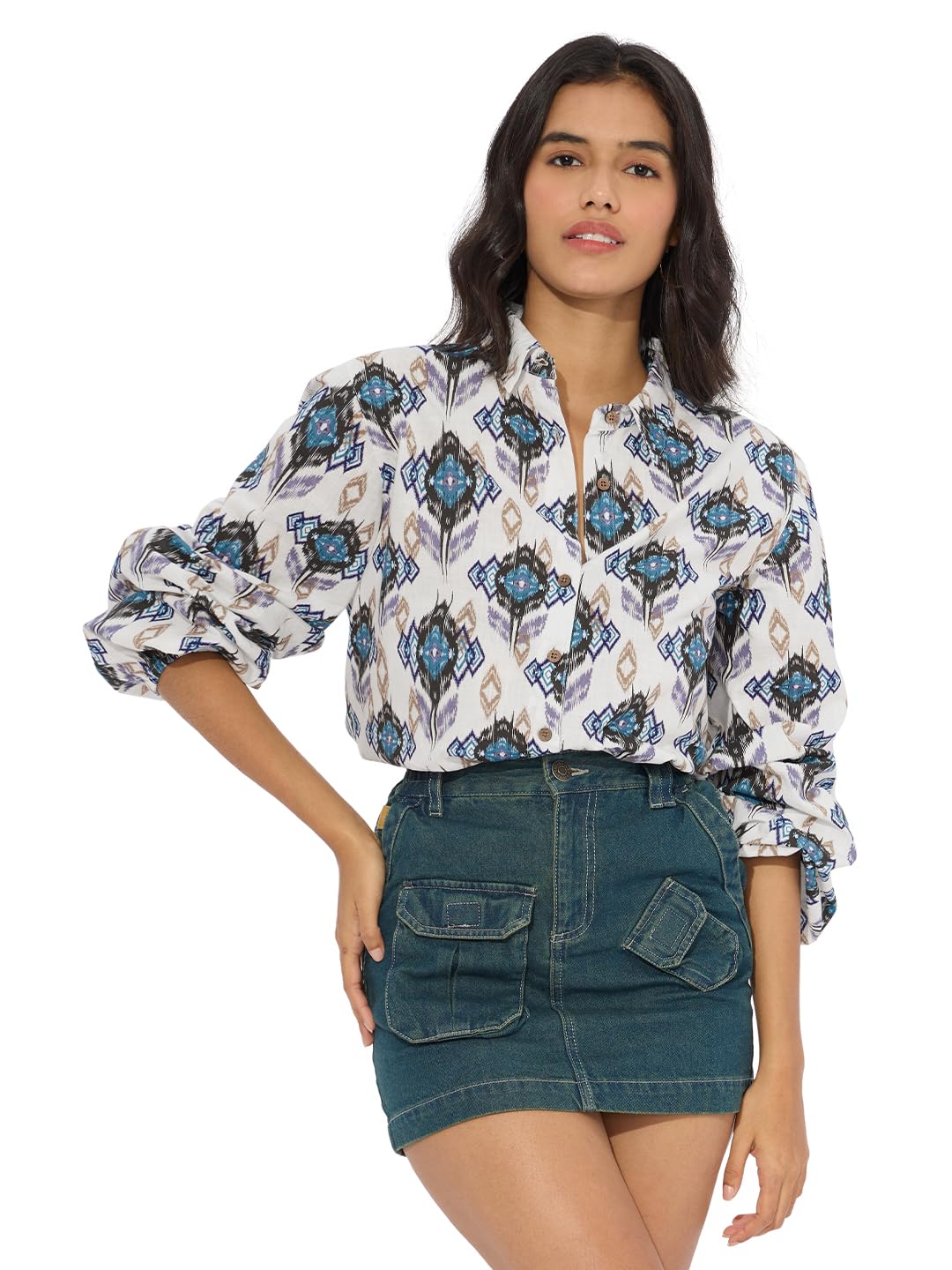 the souled store Ikat Twist Women and Girls Long Sleeves Collared Neck Button Front Multicolor All Over Printed Cotton Boyfriend Shirts-picture-36