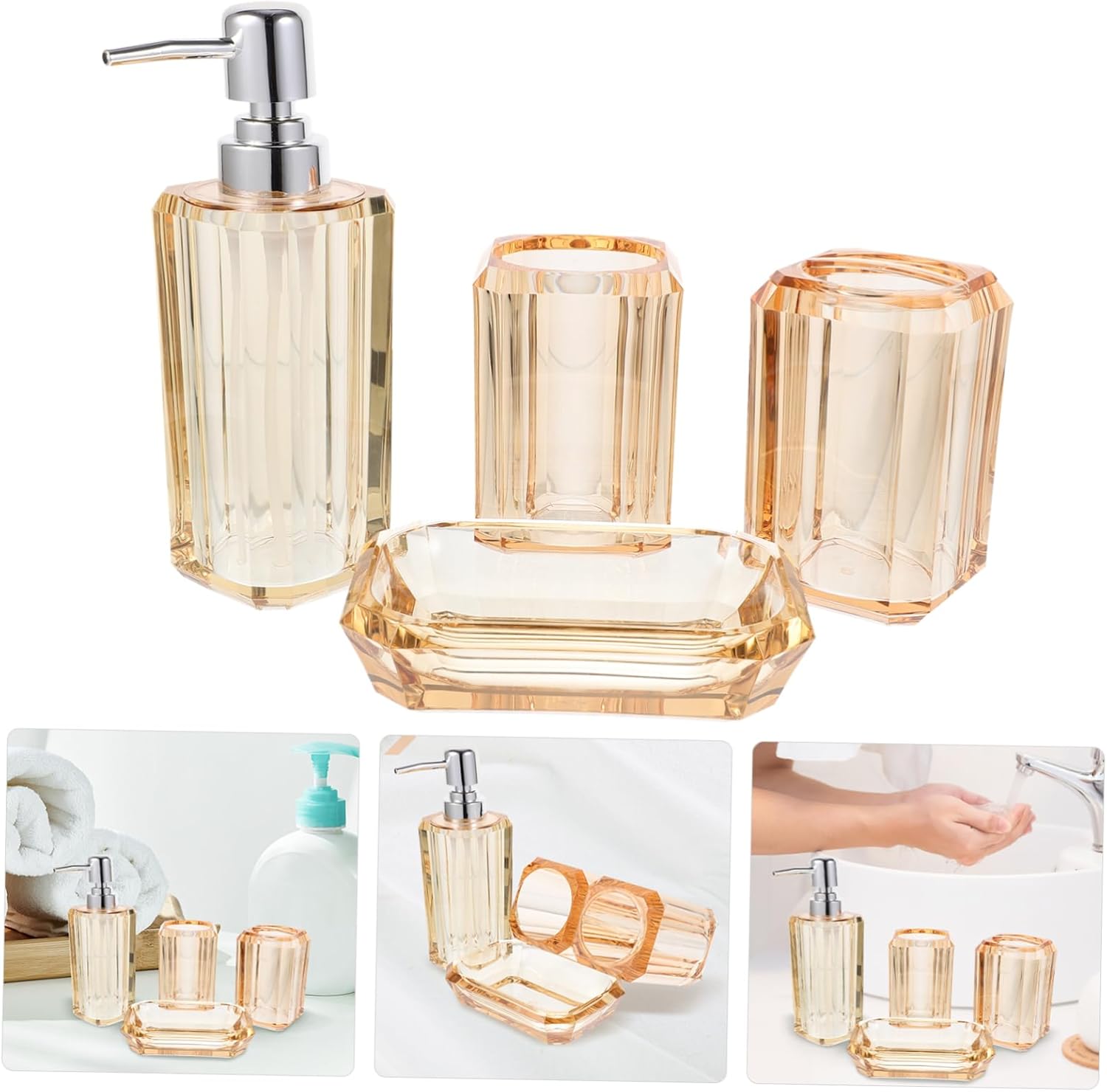 1set Transparent Bathroom Accessory Set Kit Lotion Soap Dispenser Toothbrush Holder Shampoo Bottles for Stylish Bathroom Organization