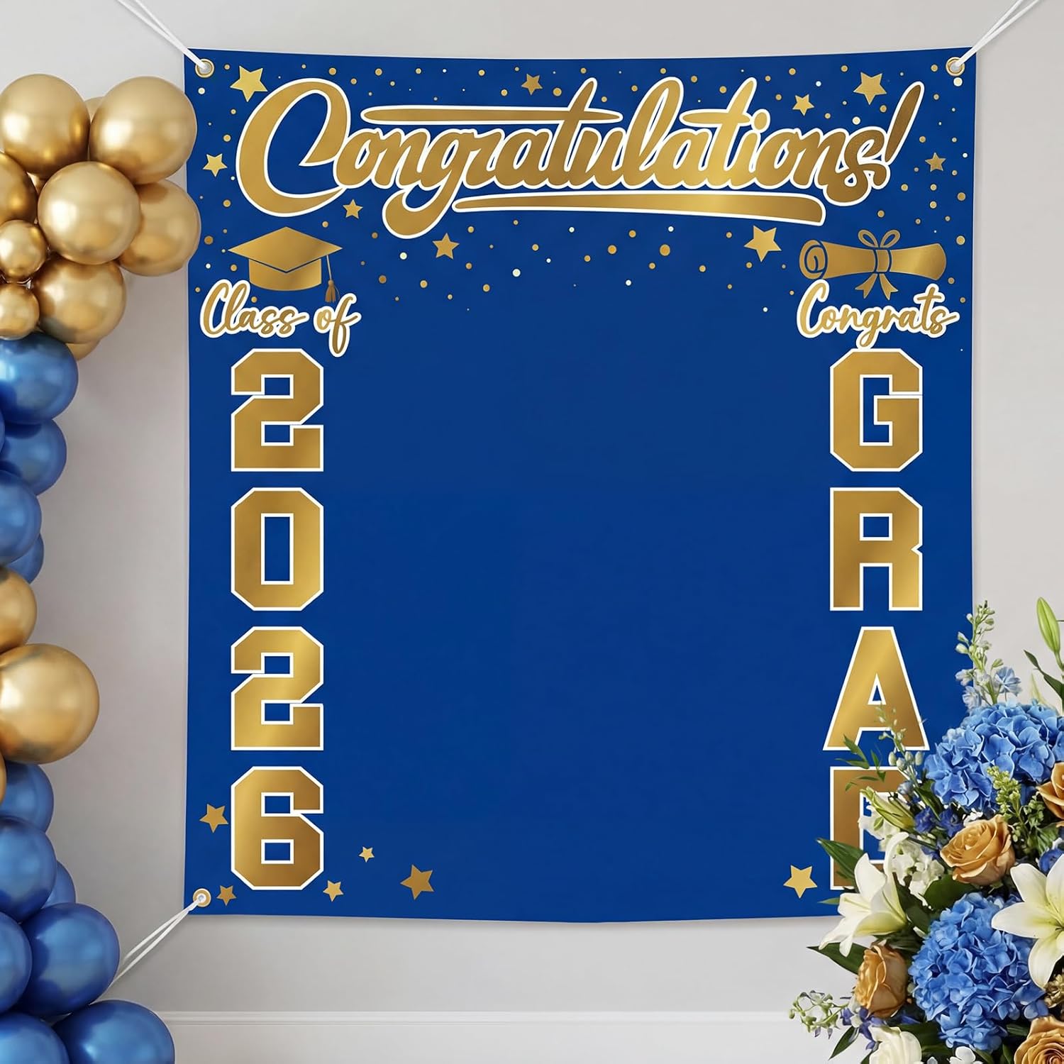 Frienda Large Class of 2026 Graduation Backdrop 6.6 x 7.2 ft Congrats Grad Graduation Party Decoration Photography Background for High School College Party Decor Supplies(Blue Gold)