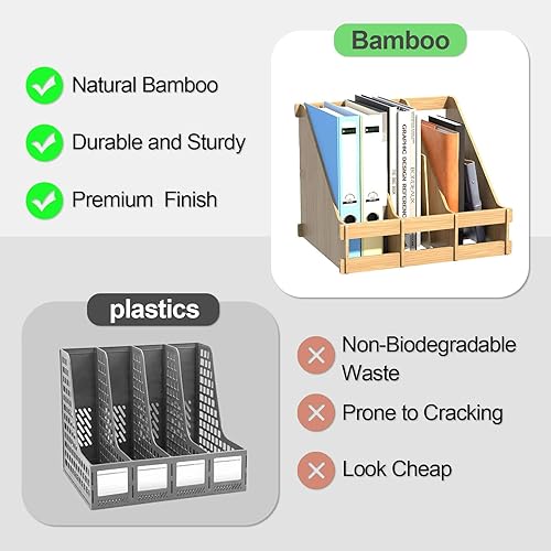 Miniatura 5 de Organizador de bambú para revistas, organizador de archivos de escritorio, 3 compartimentos, divisores verticales de archivos, marcos de archivos,