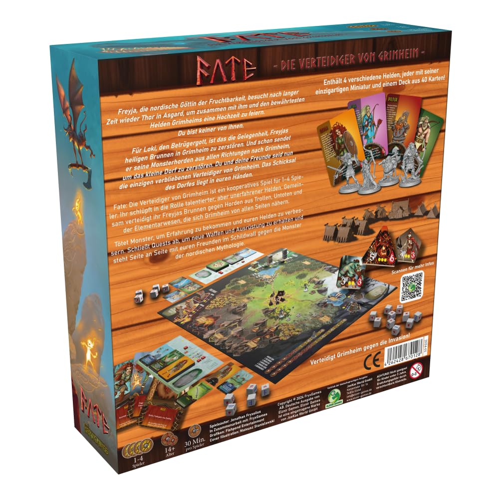 Fate: obrońca Grimheim, Elznir Games, kooperacyjna gra planszowa fantasy, strategia obrony wieżowej, dla 1-4 graczy, od 14 lat, epicka przygoda, bohaterowie i magia, gra taktyczna, FryxGames