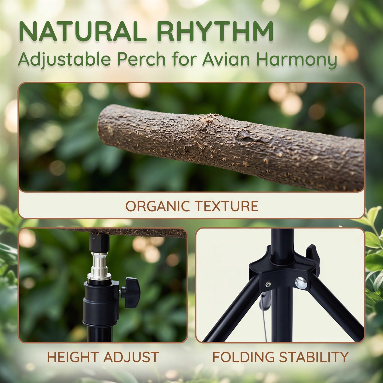 Perchoir pour oiseaux réglable, support trépied portable de 15,7 à 29,5 in, bois naturel de 15,0 in pour oiseaux de taille moyenne, pliable pour perroquets, usage intérieur et extérieur