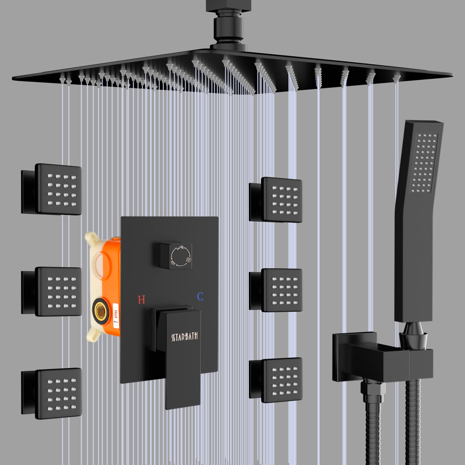 Buy Black Shower Jets System in Wall, STARBATH 12 Inch Ceiling Rainfall