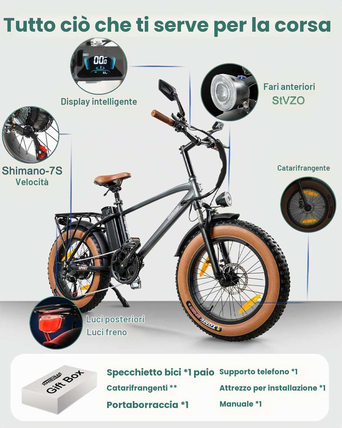 HANEVEAR Bici Elettrica Uomo, Batteria Da 48 V 18Ah Con Autonomia 80-120km, 20" x 4.0" Pneumatici Grassi e 250W 80Nm Motore Senza Spazzole, Fat Tire Bici Elettrica Sospensione Completa