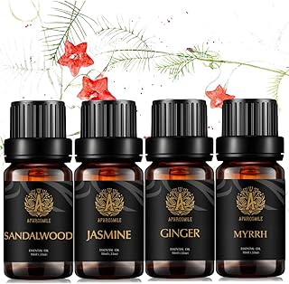 Aromatherapy Sandalwood Essential Oil Set for Diffuser, 100% Pure Jasmine Essential Oil Kit for Humidifier, 4x10ml Therapeutic Grade Myrrh Oil Set-Sandalwood Jasmine Myrrh Ginger Oil, Pure Ginger Oil