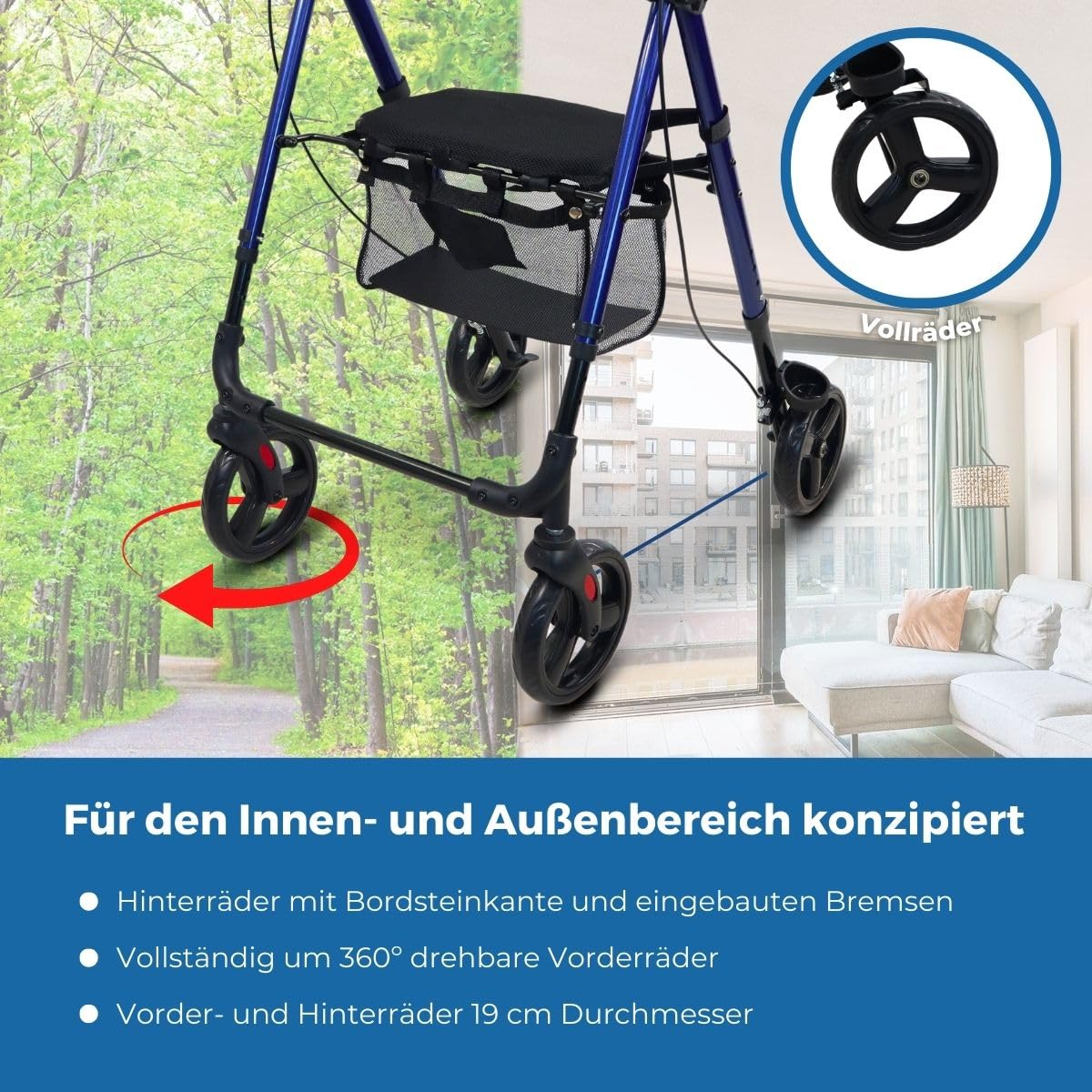 Mobiclinic®, Rollator faltbar und leicht, Gehhilfe, Für übergewichtige menschen, Faltbare, Leichtgewicht, Verstellbare beine sitz, Mit 4 rädern, Stockhalter, Korb