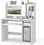 Tangkula White Desk with Hutch &Charging Station, Home Office Desk with Keyboard Tray & CPU Stand, Modern Laptop PC Desk, Space-Saving Writing Study Desk with Bookshelf, Ideal for Dorm Bedroom