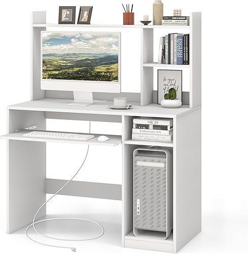 Tangkula Escritorio blanco con gabinete y estación de carga, escritorio de oficina en casa con bandeja para teclado y soporte para CPU, moderno