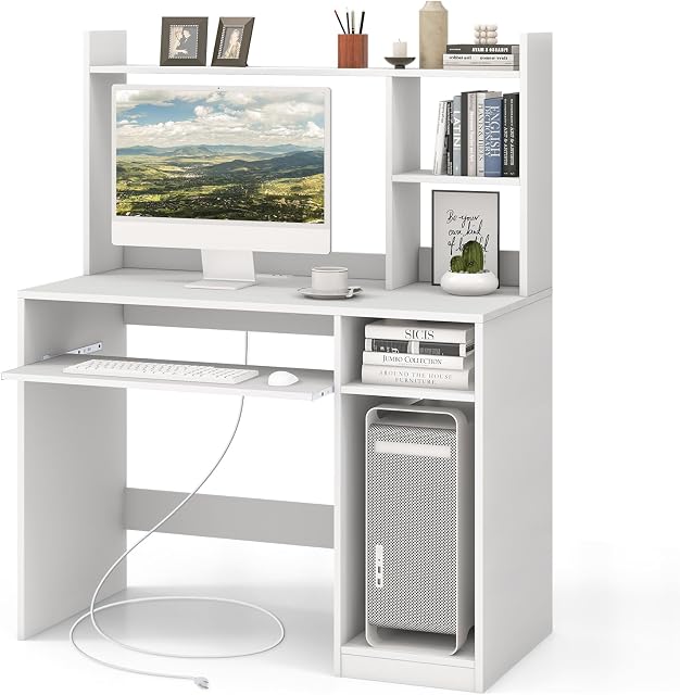 Tangkula White Desk with Hutch &Charging Station, Home Office Desk with Keyboard Tray & CPU Stand, Modern Laptop PC Desk, Space-Saving Writing Study Desk with Bookshelf, Ideal for Dorm Bedroom