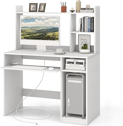 Tangkula White Desk with Hutch &Charging Station, Home Office Desk with Keyboard Tray & CPU Stand, Modern Laptop PC Desk, Space-Saving Writing Study Desk with Bookshelf, Ideal for Dorm Bedroom