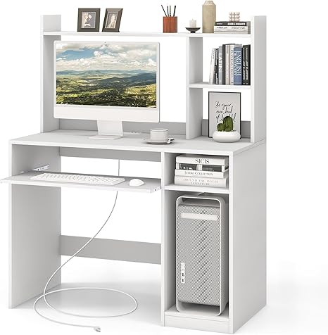 Tangkula White Desk with Hutch &Charging Station, Home Office Desk with Keyboard Tray & CPU Stand, Modern Laptop PC Desk, Space-Saving Writing Study Desk with Bookshelf, Ideal for Dorm Bedroom