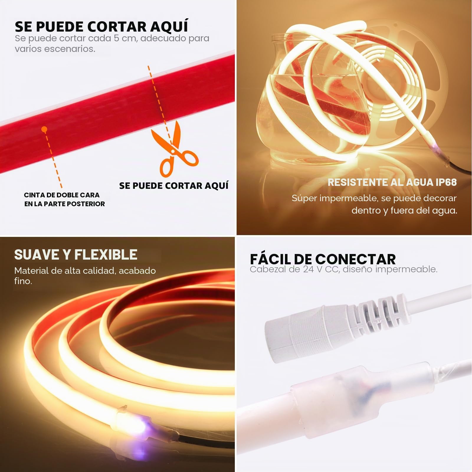 24V COB LED Tira de Neón [15m,Blanco Natural 4000-4500K]，288 LEDs/m Tira LED FCOB Cortable CRI85+，IP68 Impermeable Flexible，Hogar/tienda de iluminación decorativa