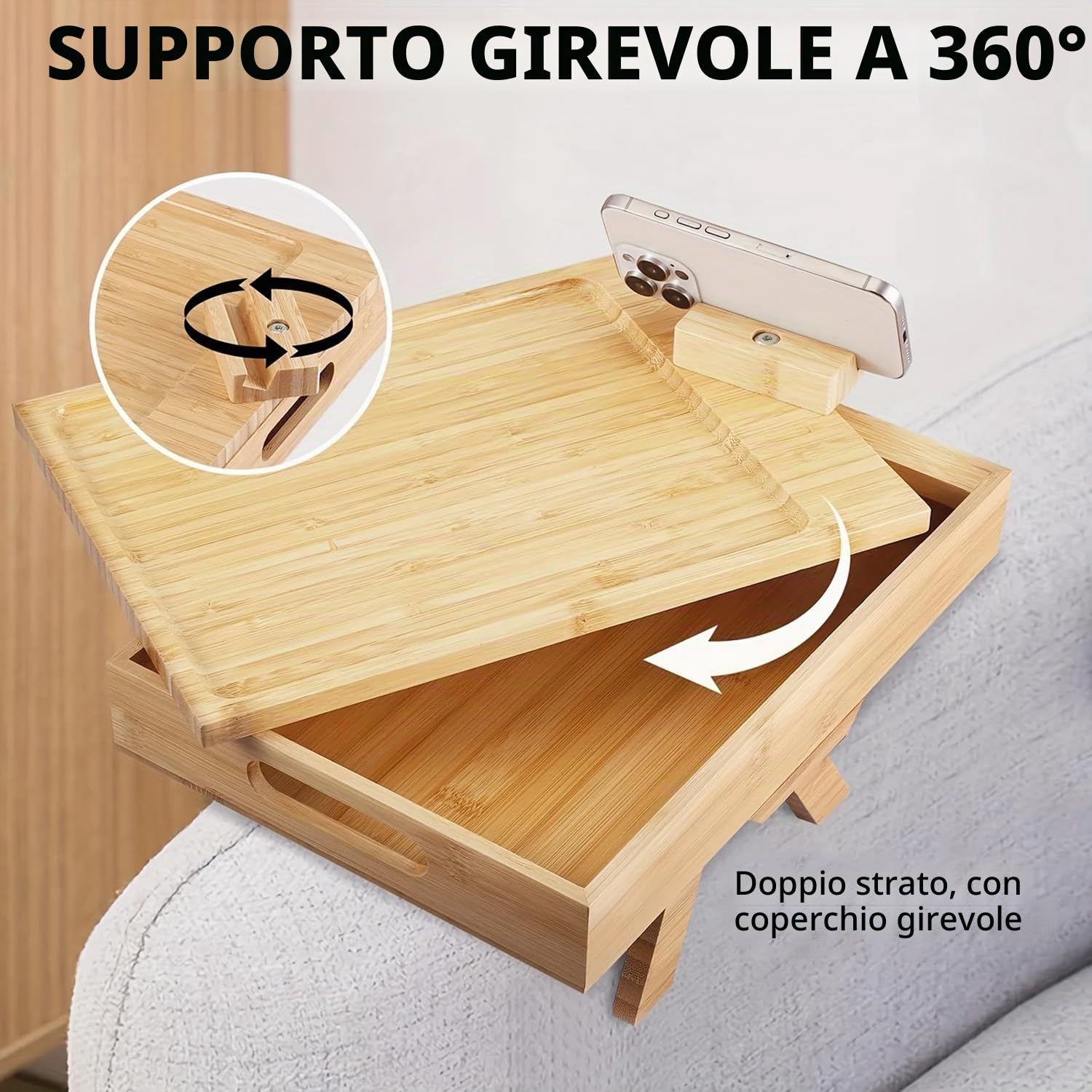 Braccioli da divano, vassoio flessibile in legno di bambù, supporto per bevande, bracciolo, a due piani, con piano girevole a 360° e supporto per cellulare per snack, telefoni cellulari, controller