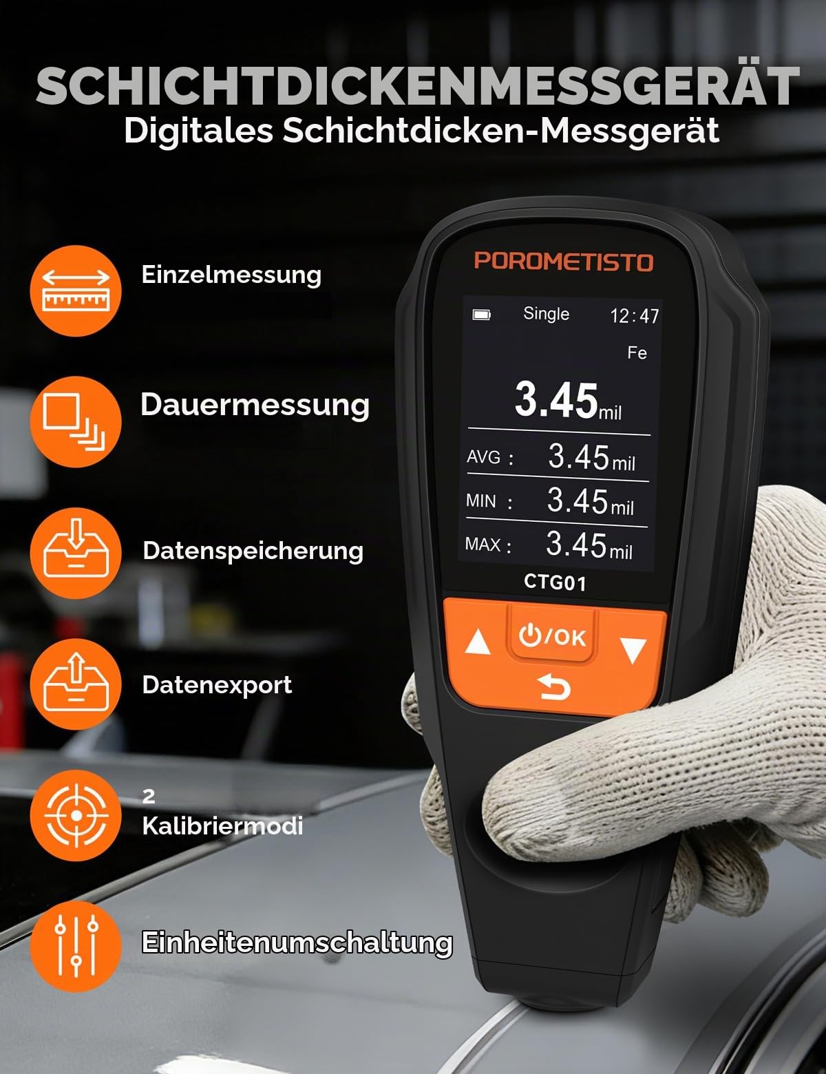 Lackdickenmessgerät Auto 0–2000μm – Fe/NFe Auto-Erkennung für Stahl & Alu