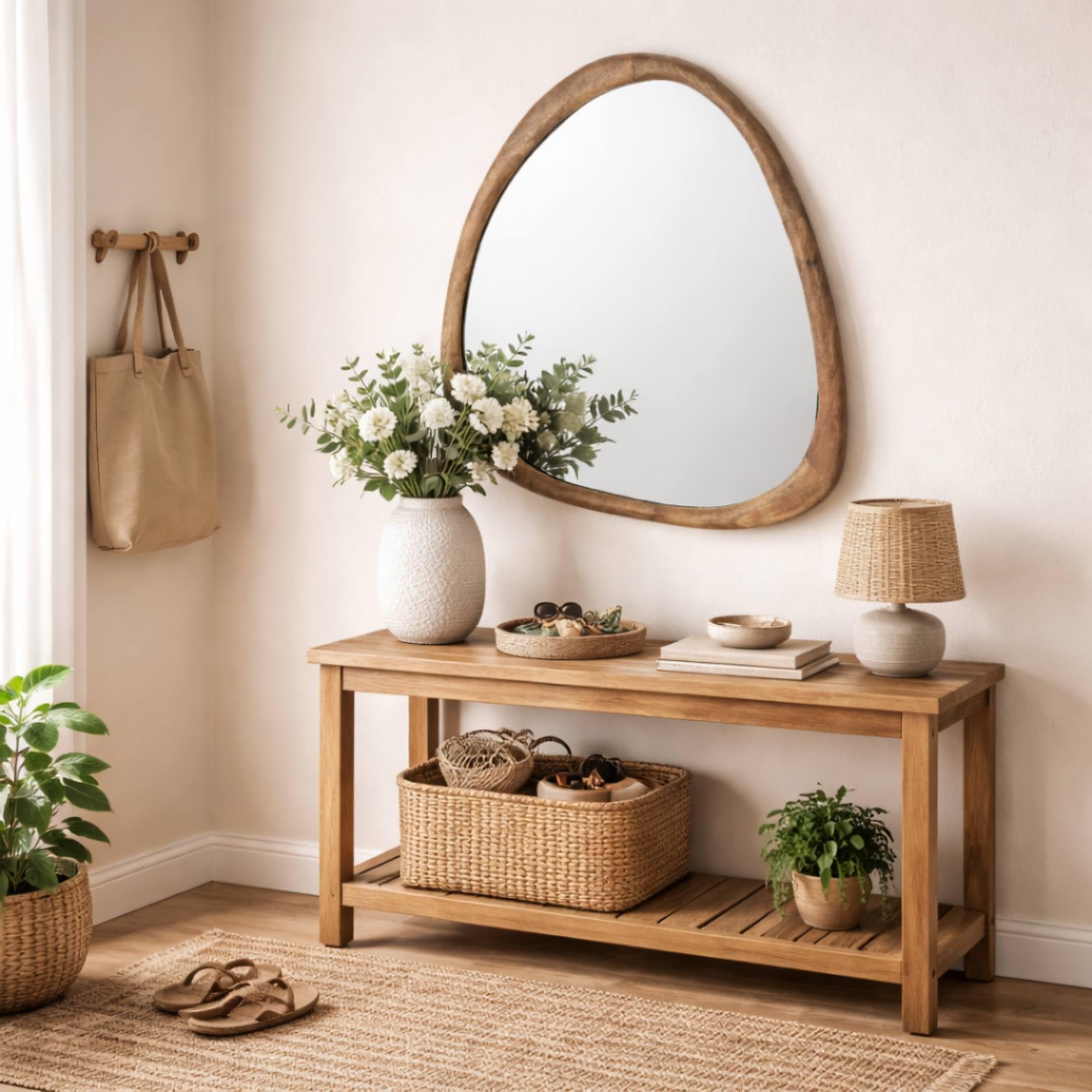 Well Home Espejo Irregular 53x2,5x60cm Marco de Madera de Mango Natural en Madera Acabado Natural para Entrada, salón o Dormitorio