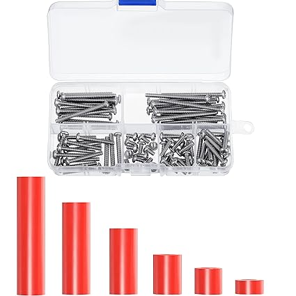 150 Pieces Electrical Outlet Extender Kit 60 Pieces Outlet Screw Spacers and 90 Pieces 6-32 Thread Flat Head Device Mounting Screws for Household and Industrial Electricity, 6 Lengths, Red