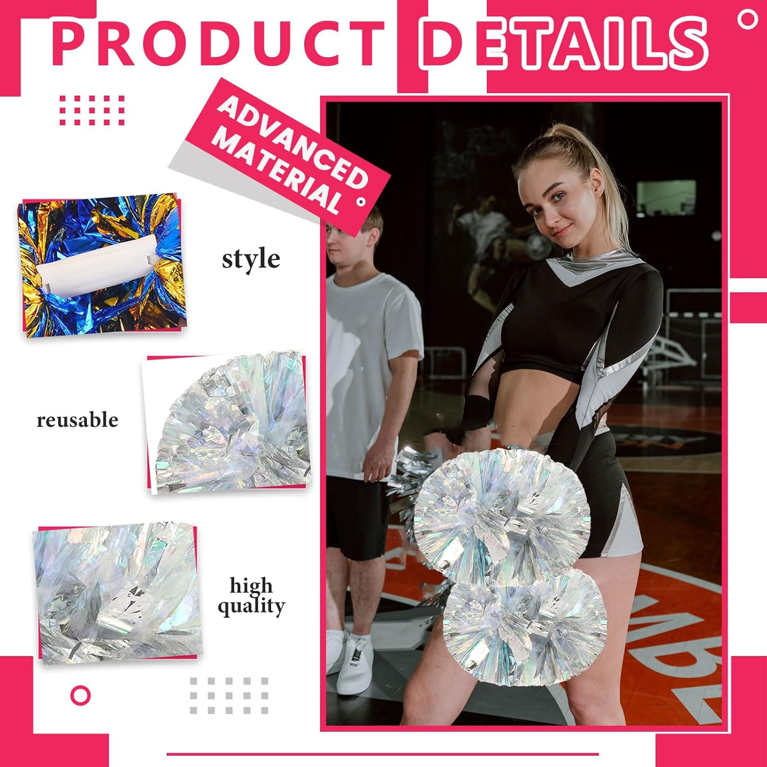 Cheerleader Pom Poms 12 Pack Sports Dance Cheering Plastic Metallic Cheerleading Pom Poms for Kids Adults-Handle Style (Colorful+Silver)